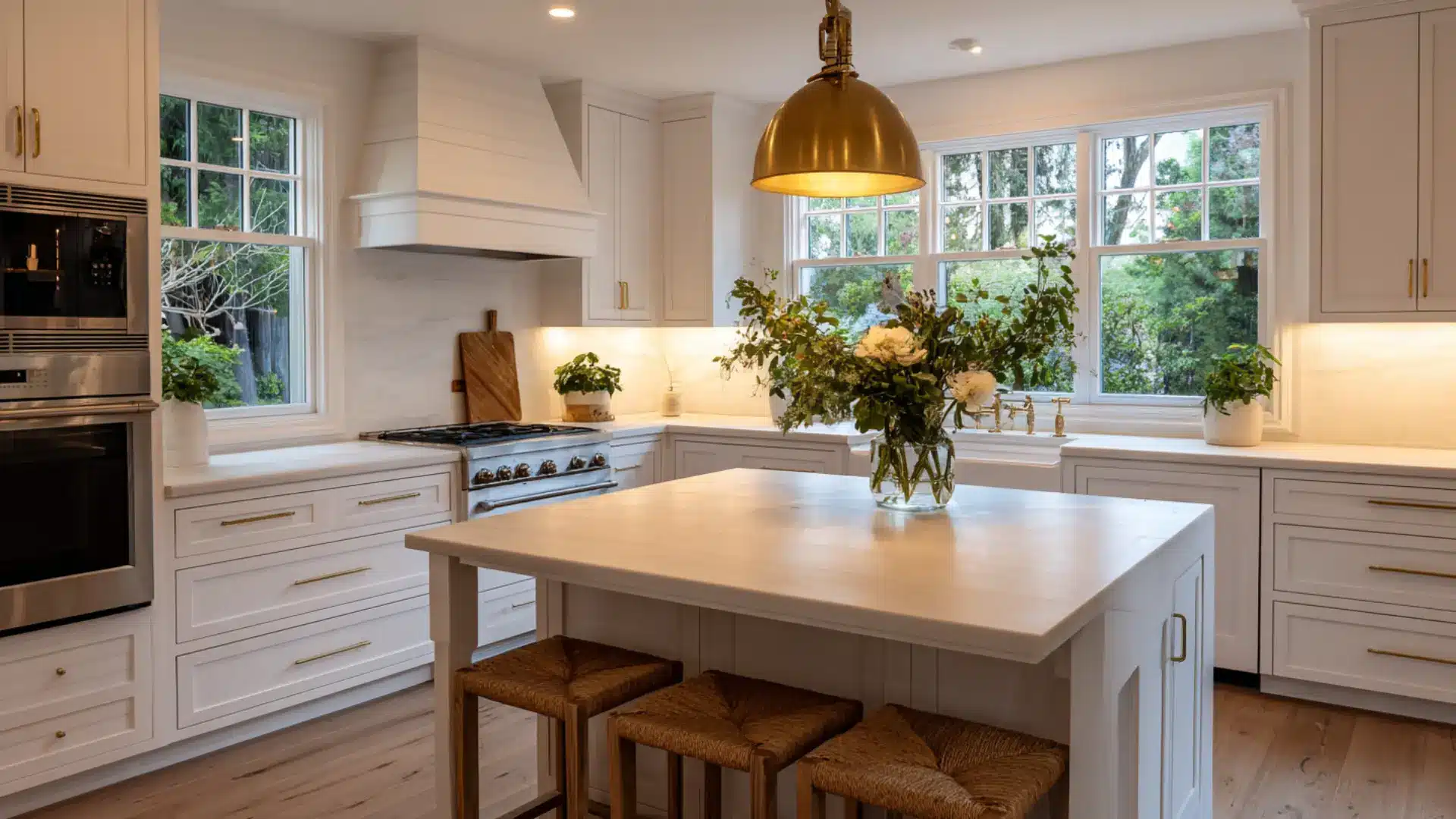 bright modern farmhouse kitchen with white cabinets, brass accents, island, and fresh greenery