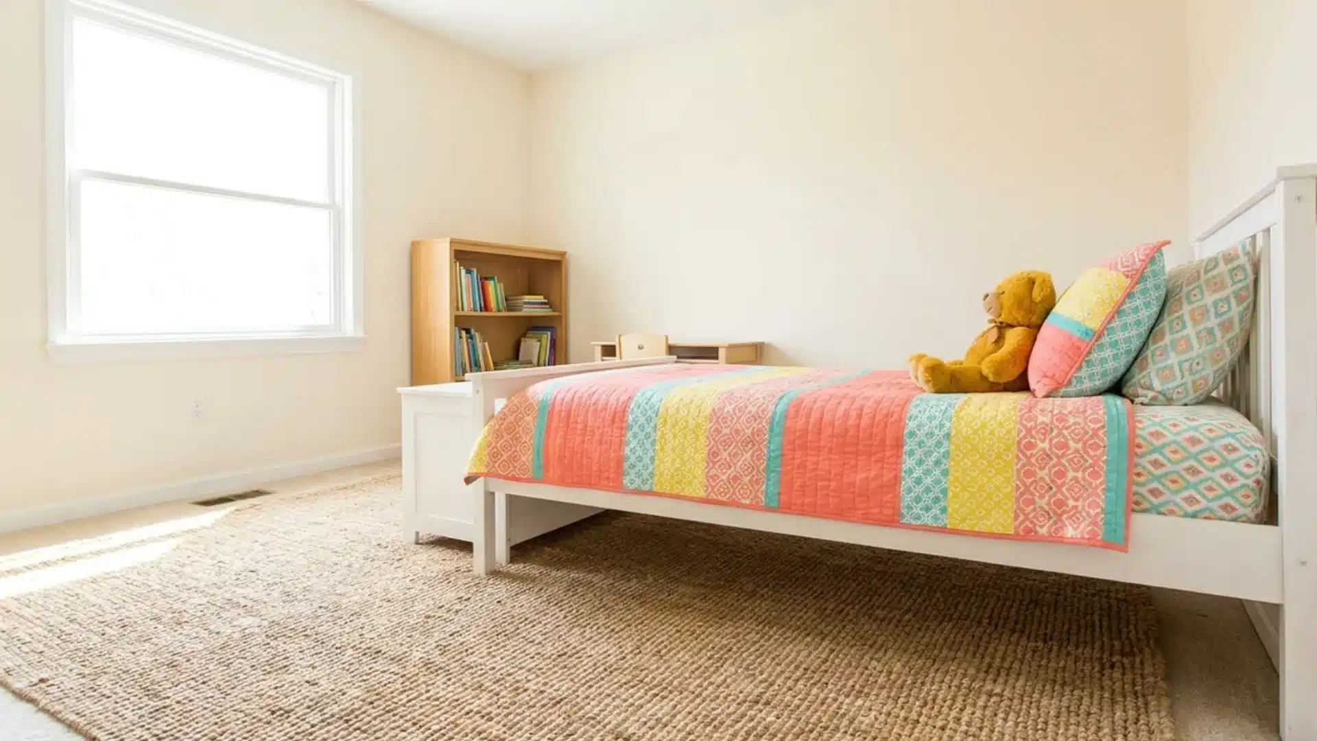 bright striped quilt in coral teal and yellow on a bed against plain cream walls