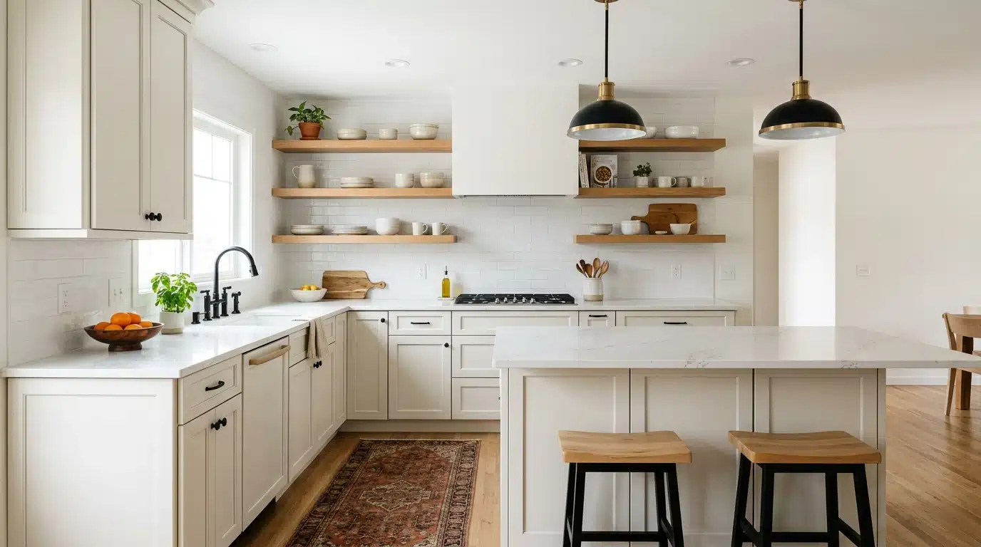 bright white kitchen with open wooden shelves, black pendant lights, a central island with two stools, and a patterned runner rug