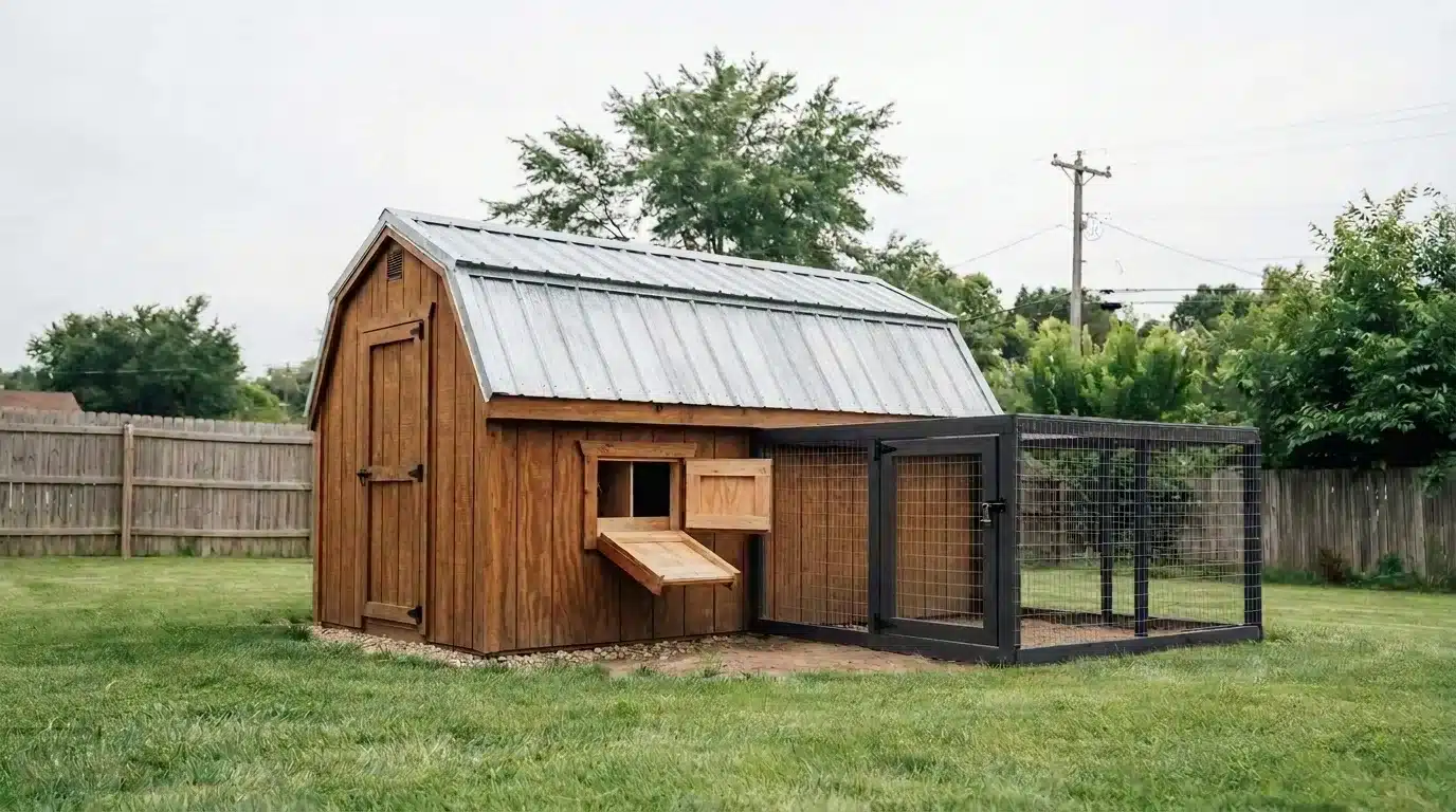 brown barn style chicken coop with a metal gambrel roof and an attached wire mesh run in a yard here