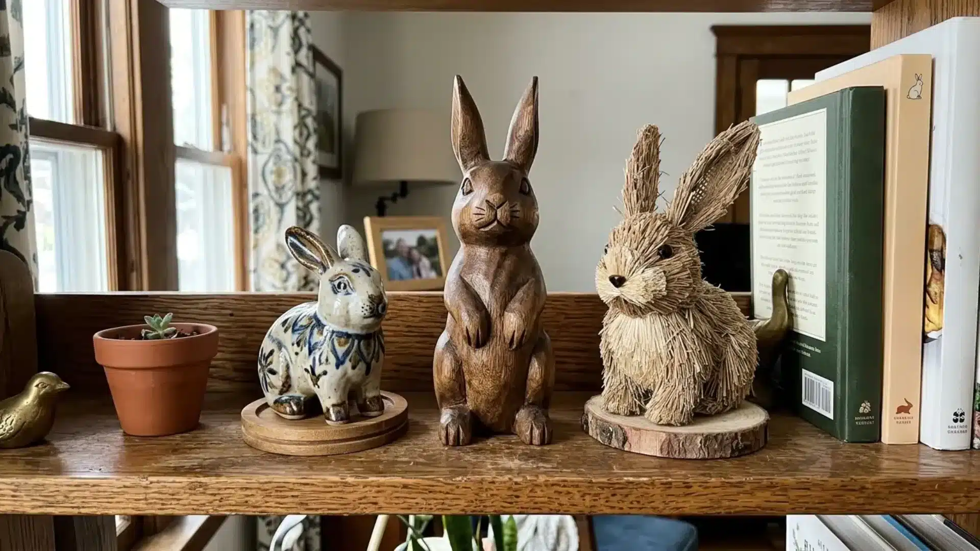bunny figurine collection in ceramic wood and rattan grouped together on a wooden shelf