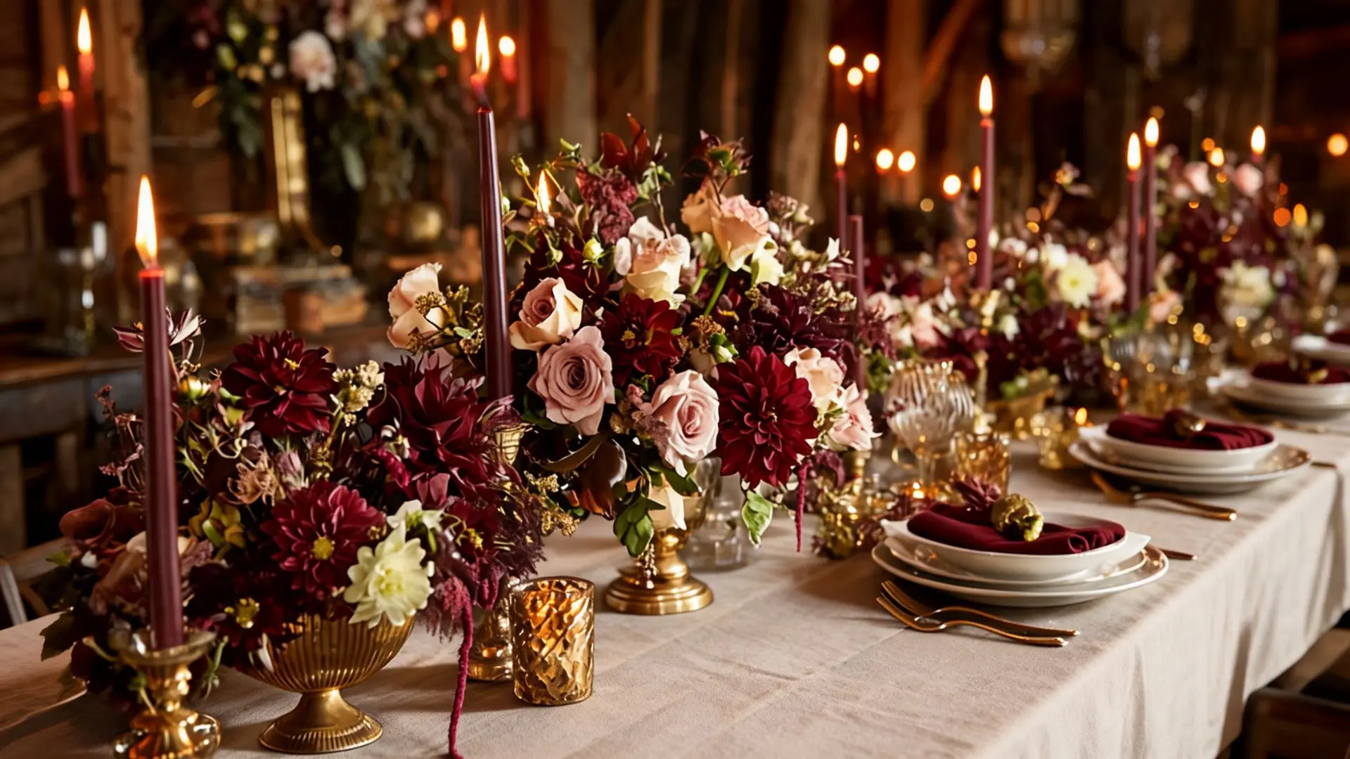 burgundy floral centerpieces with brass candlesticks and dark taper candles on a long table