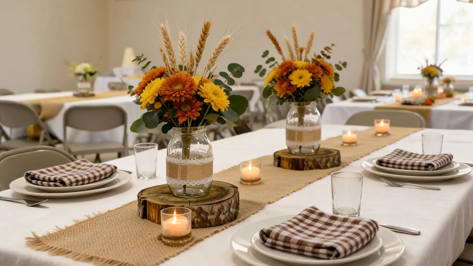 burlap runner with mason jar floral centerpieces on wood slices and checkered napkins