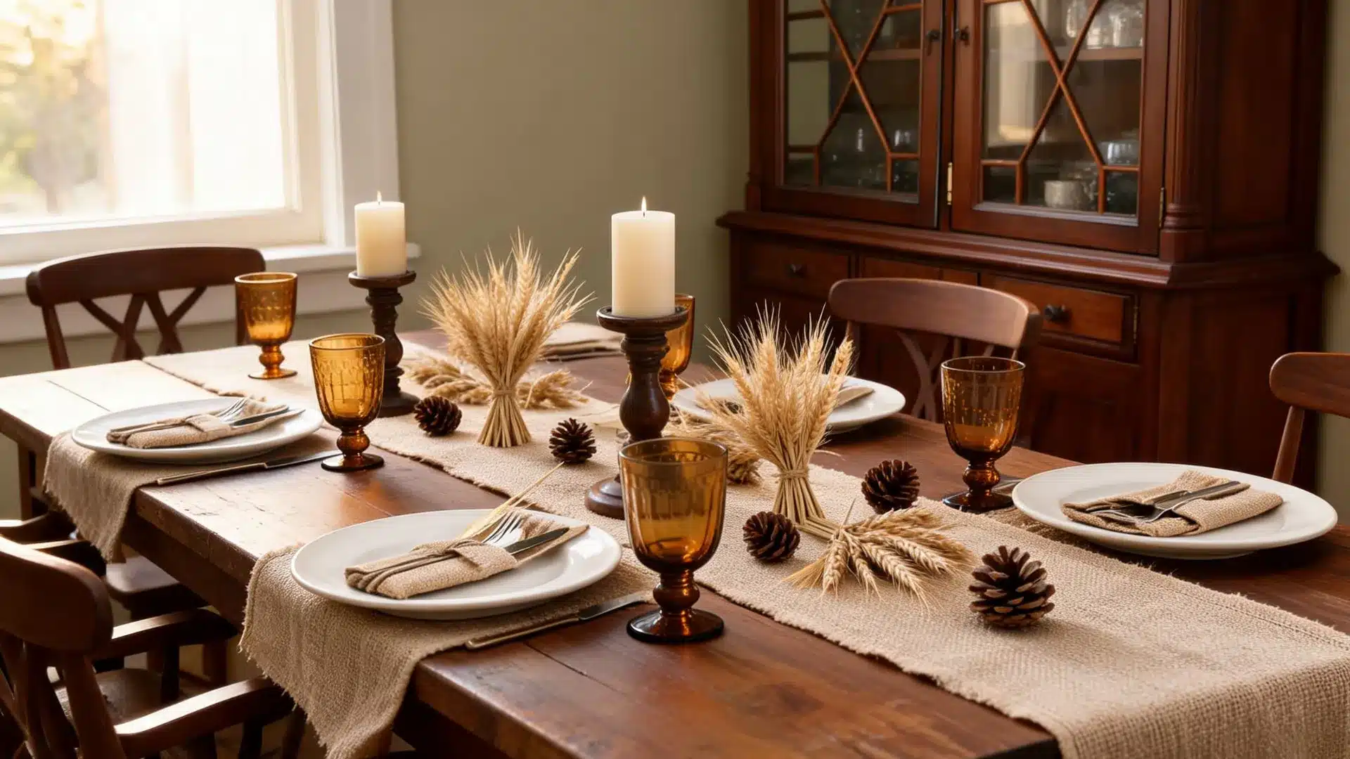 burlap runner with wheat bundles, pinecones, amber goblets, and pillar candles on a wooden table
