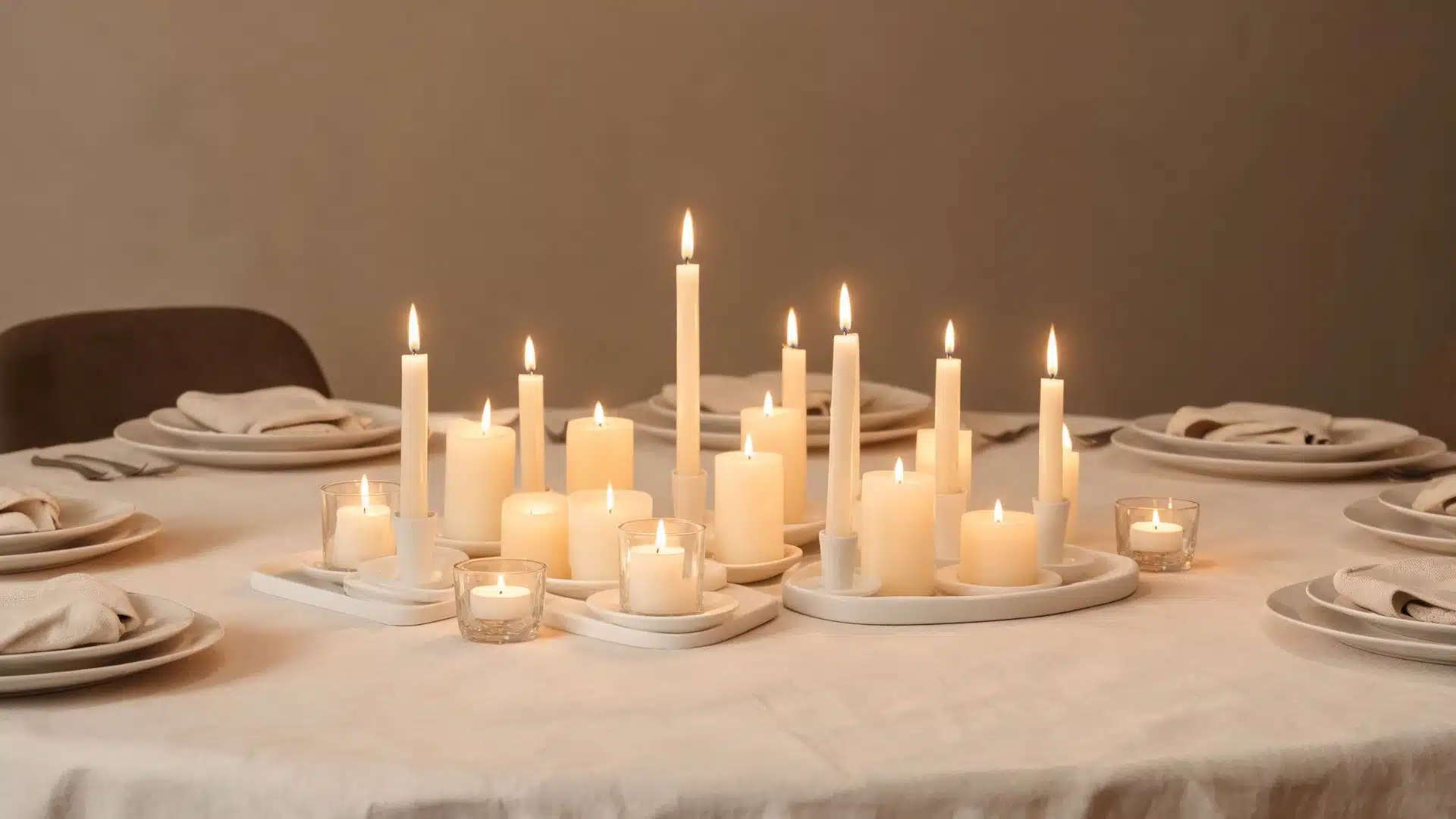 candle-only centerpiece with mixed taper, pillar, and votive candles on a linen tablecloth