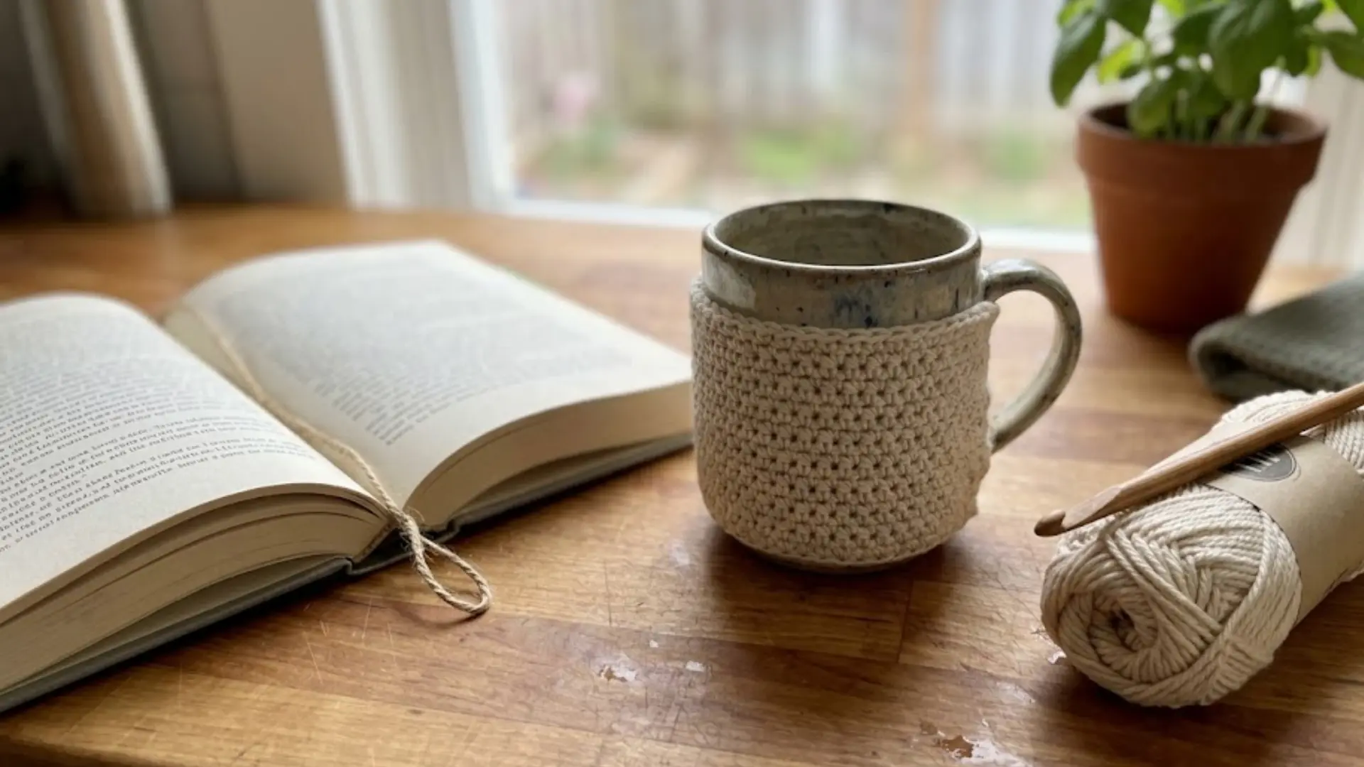 ceramic mug wrapped in a handmade crochet mug cozy resting on a cozy wooden table