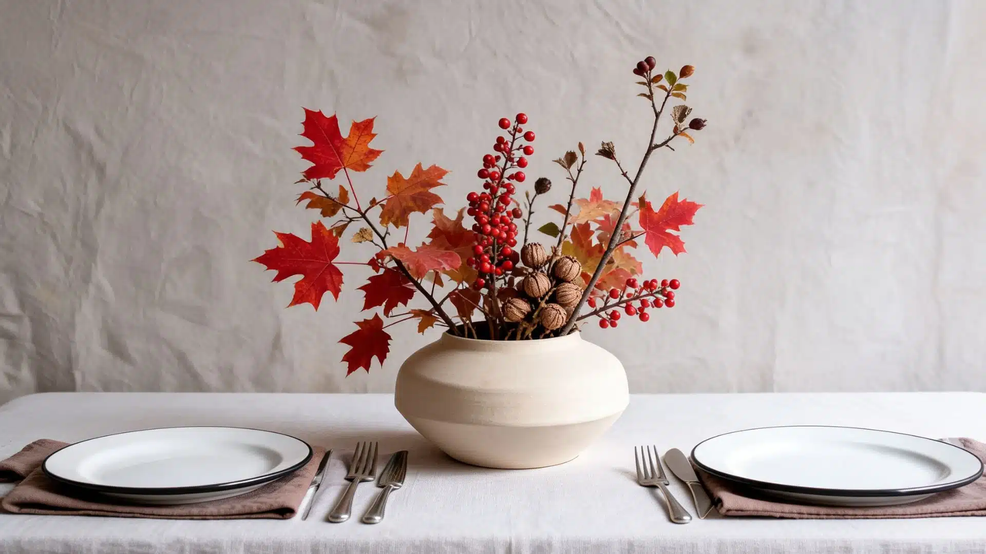 ceramic vase with red maple branches and berries centered between two place settings on linen