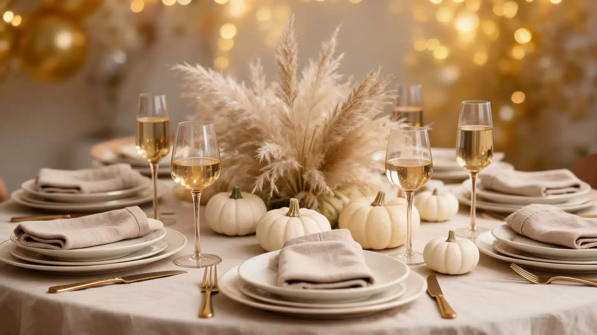 champagne glassware with soft beige linens