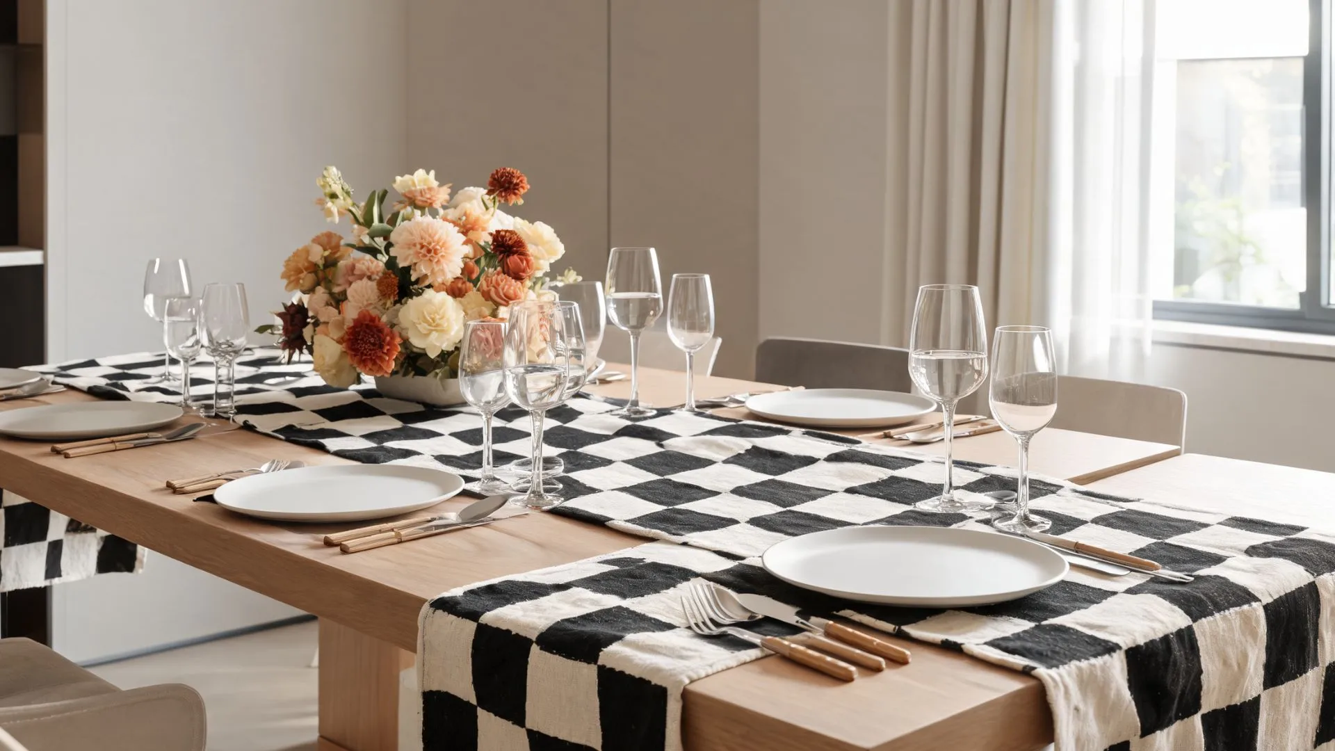 checkered runner off-center on a wood table with an asymmetrical dahlia arrangement and white plates