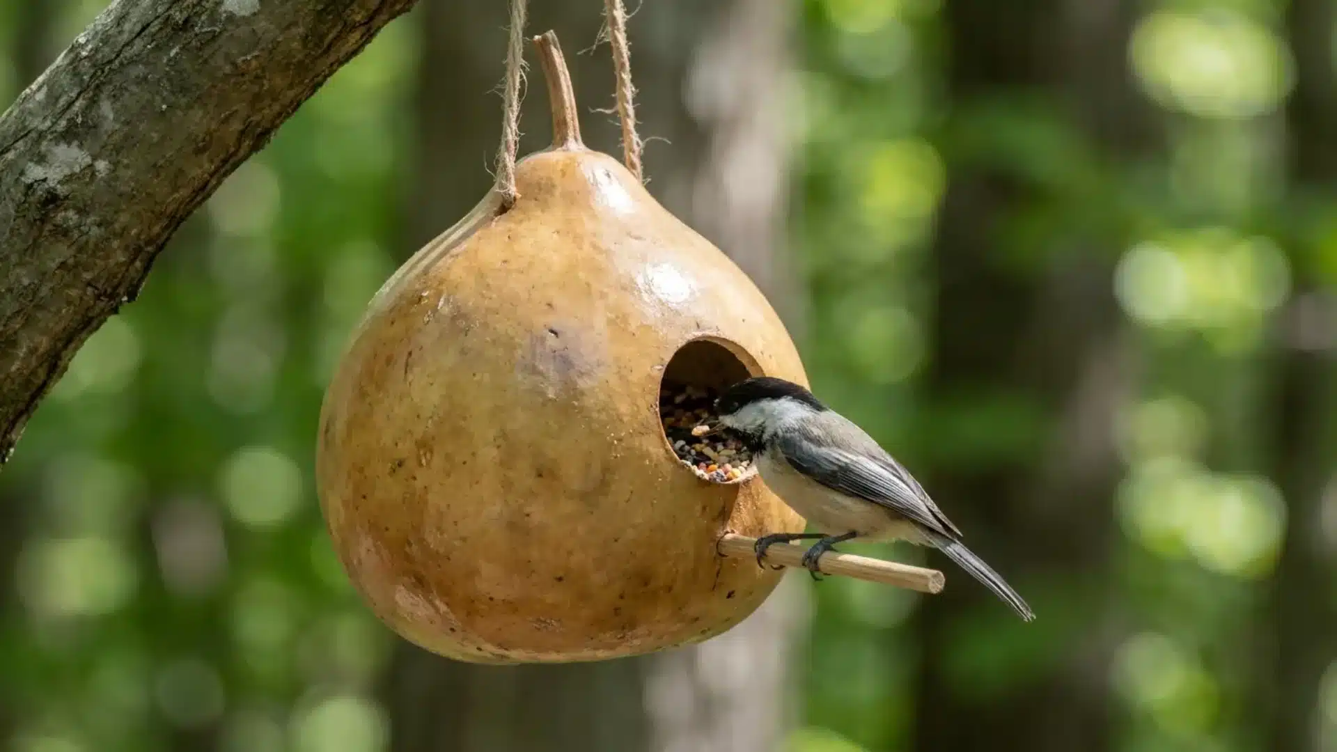 chickadee perched at the entry hole of a hollowed dried gourd bird feeder