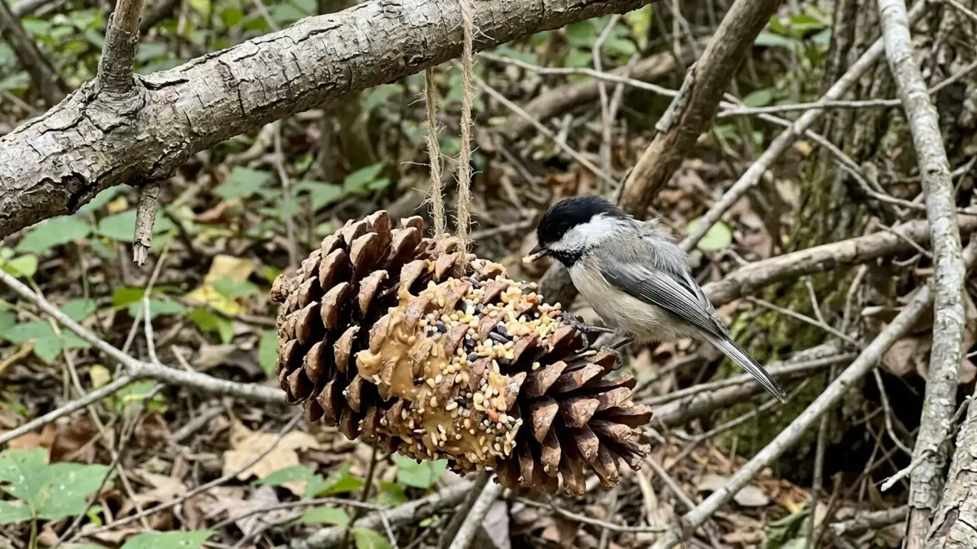 chickadee perched on a pinecone coated with peanut butter and birdseed