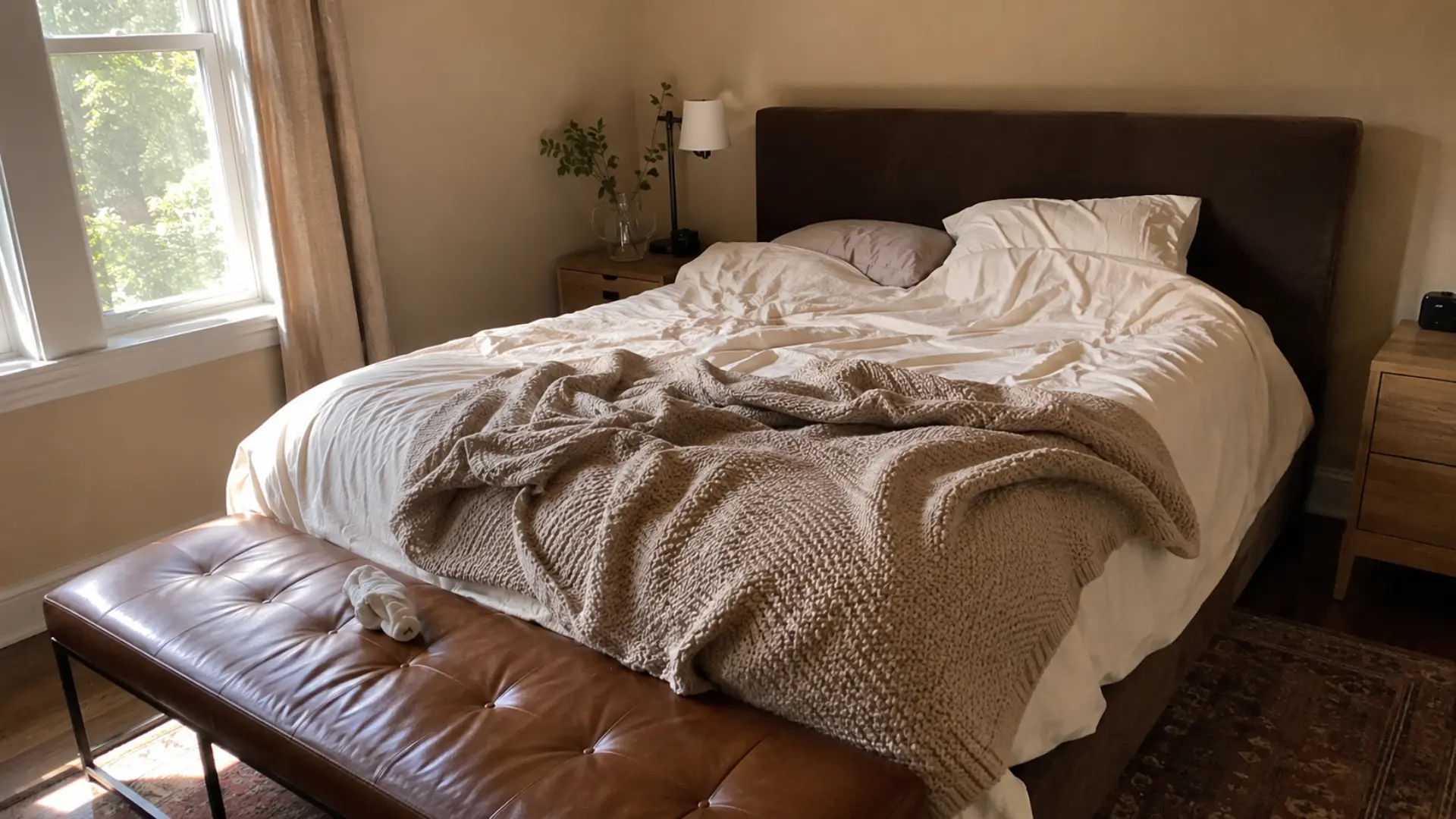 chocolate brown headboard with knit throw and leather bench along with plant and a lamp on bedside