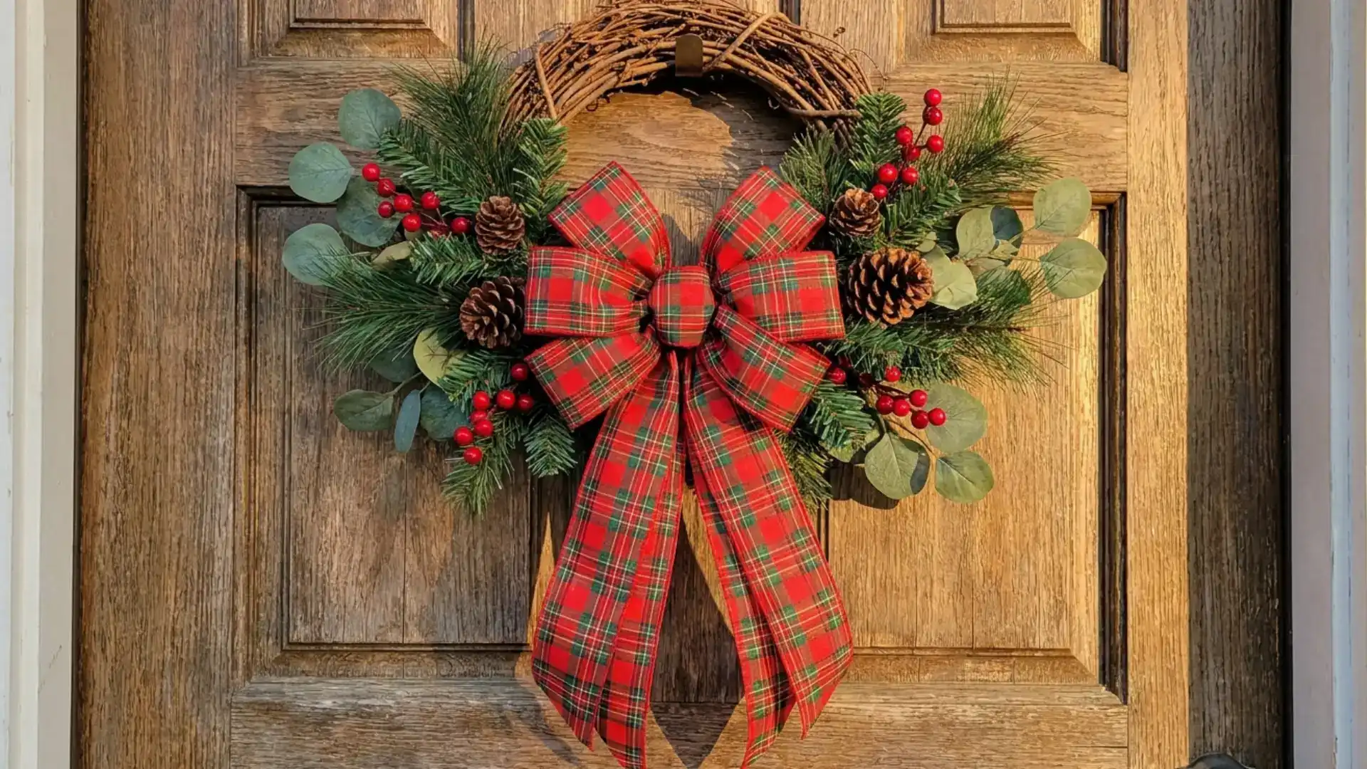 christmas wreath with evergreen branches, pinecones, red berries, and a large plaid bow