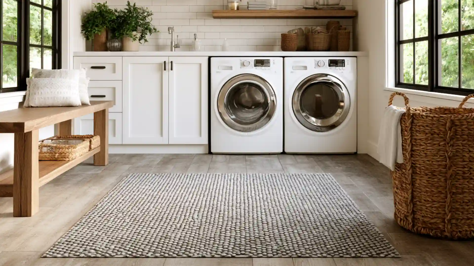 chunky woven area rug laid over wood look tile flooring in front of a stacked washer and dryer