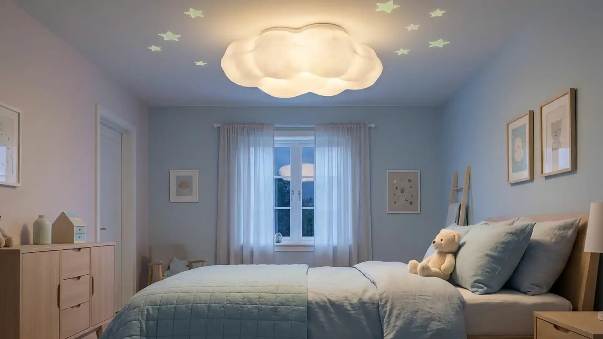 cloud shaped ceiling light glowing above a bed with star decals projected on the ceiling nearby