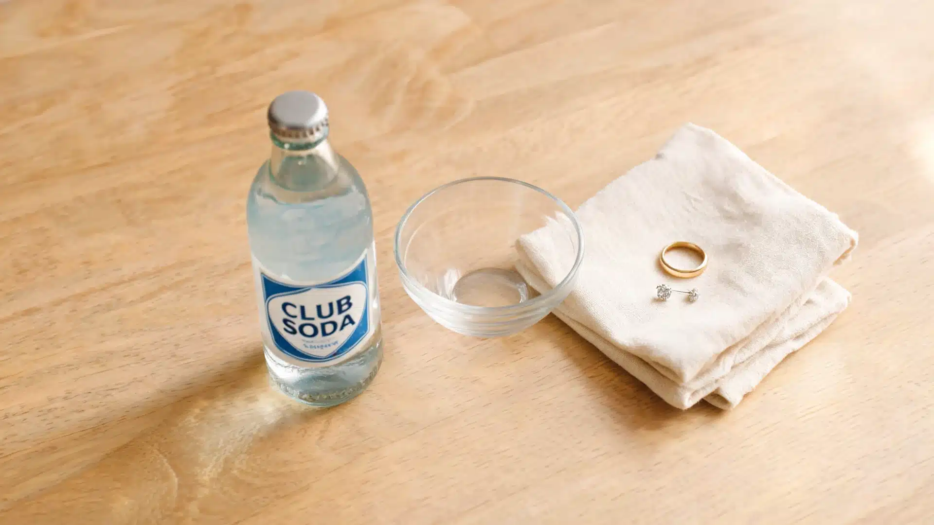 club soda, cloth, bowl, and jewelry prepared for an easy DIY jewelry cleaning method