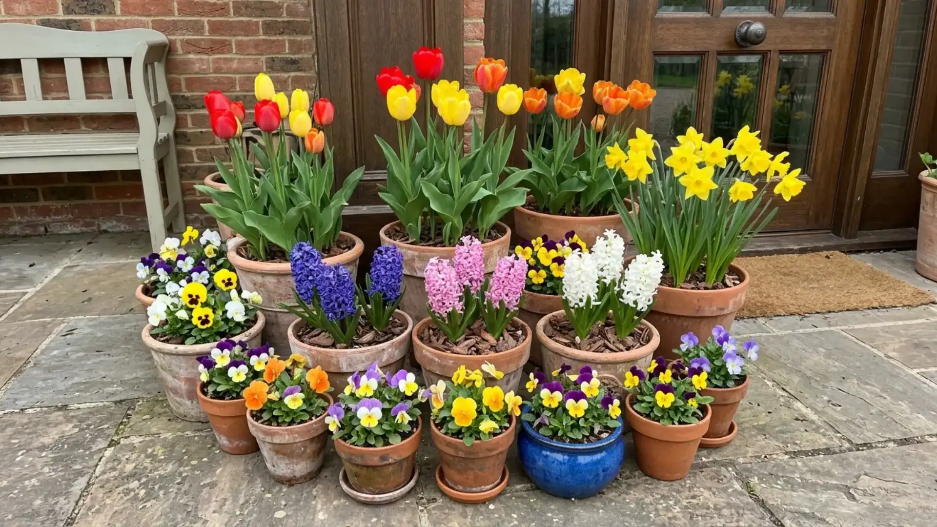 cluster of potted spring flowers in varying containers arranged near a front entryway