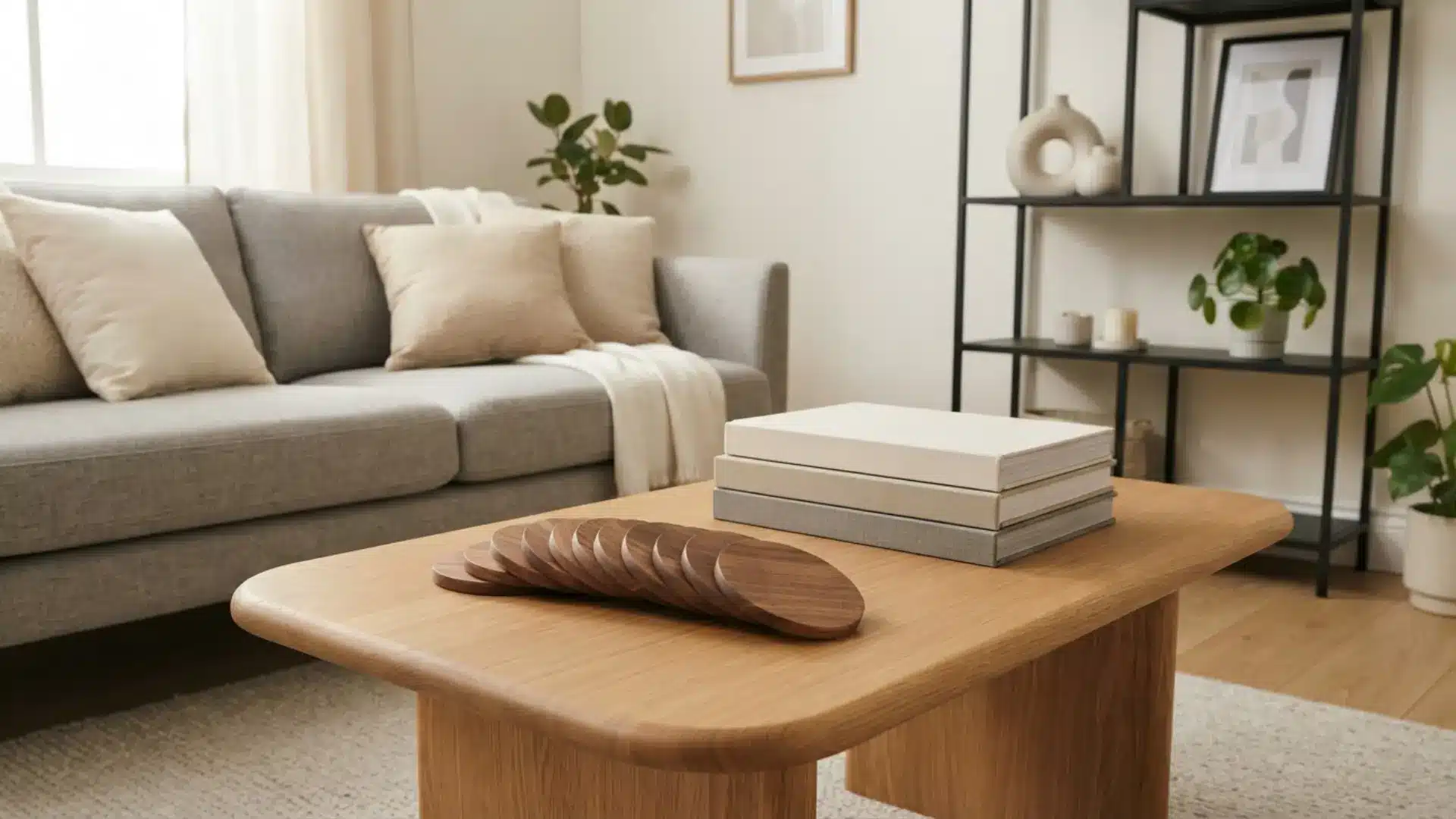 coffee table decorated with a fanned stack of wooden coasters