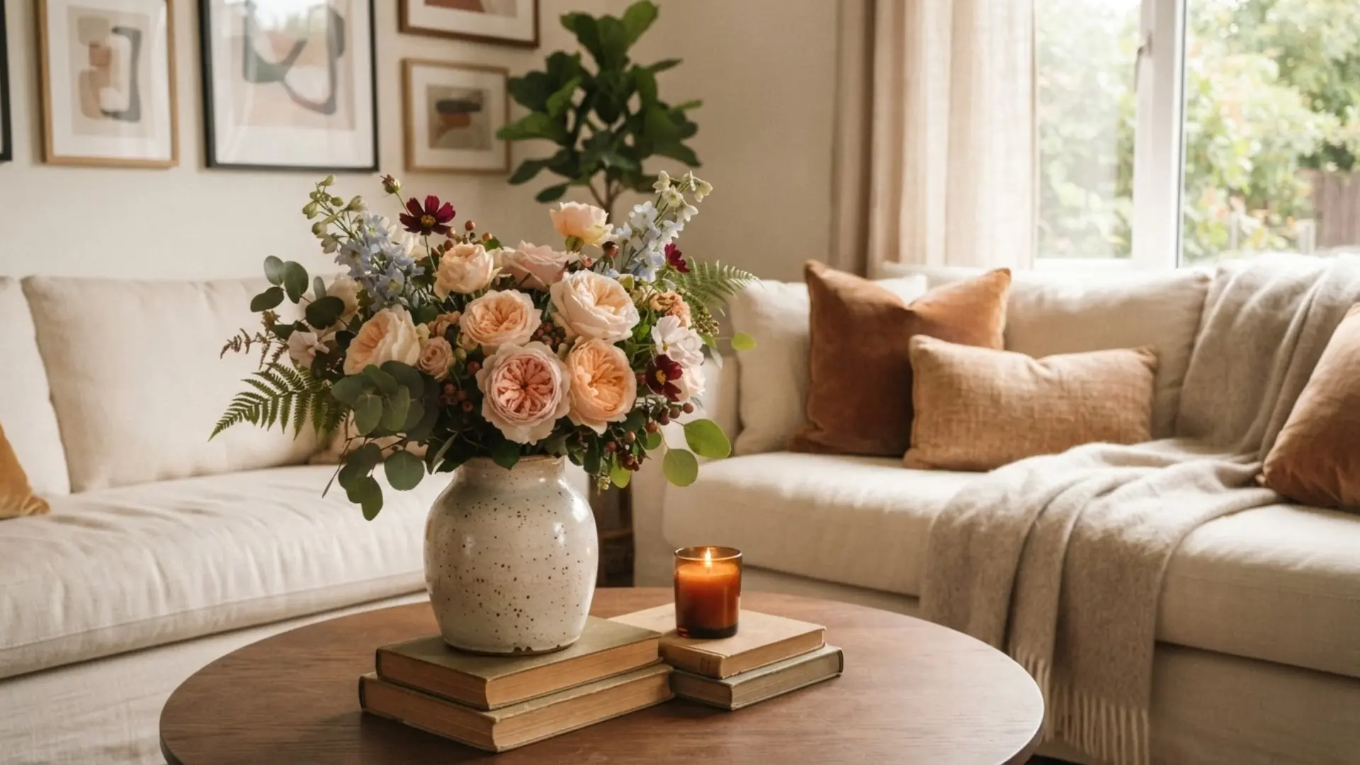 coffee table decorated with a fresh loose flower bouquet in a vase