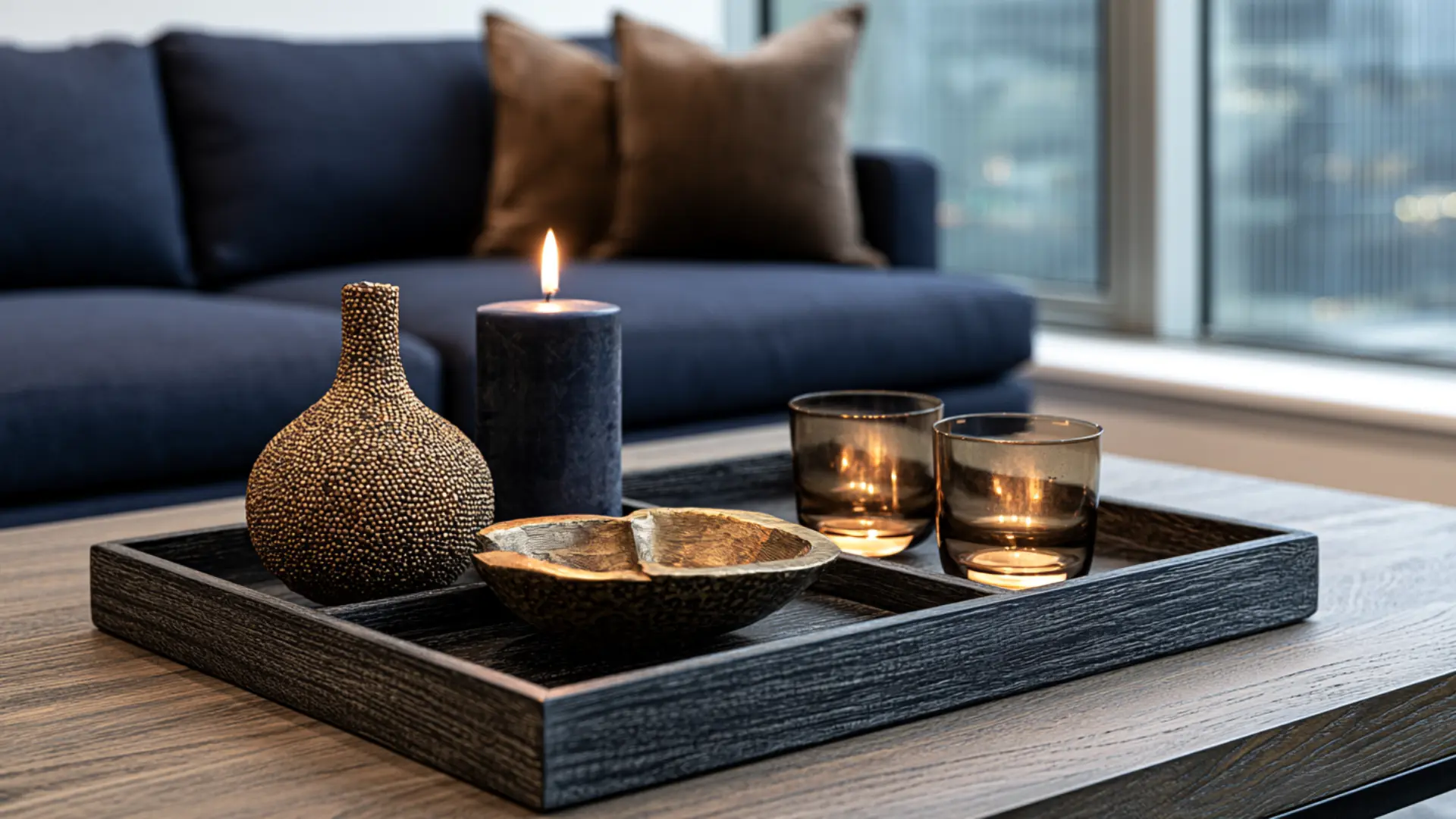 coffee table decorated with a multi-purpose zoned tray display