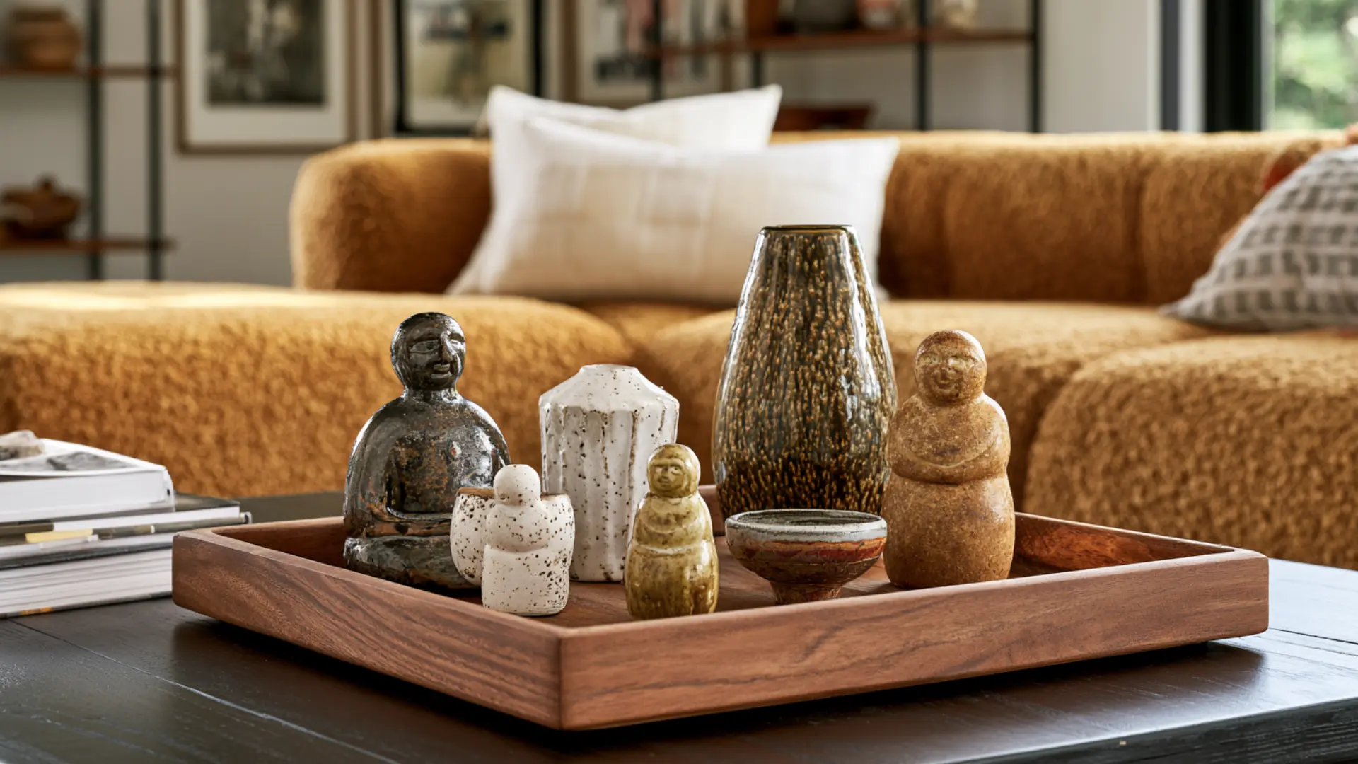 coffee table decorated with a personal ceramic figurine collection showcase