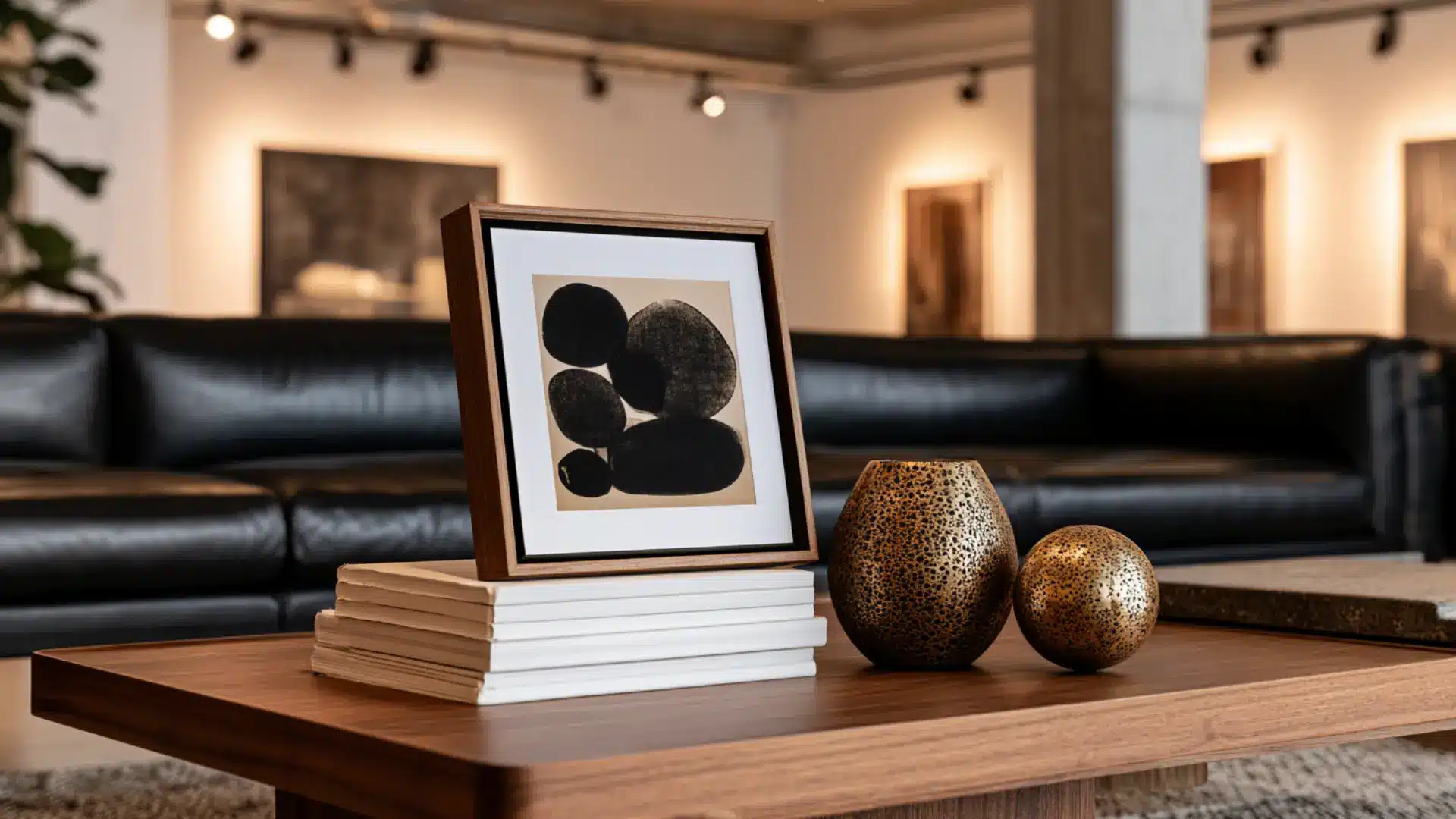 coffee table decorated with a small framed mini art print