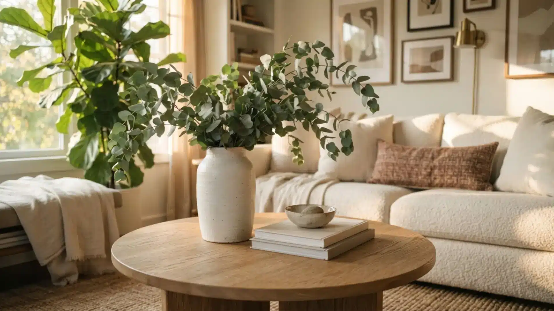 coffee table decorated with a tall vase of leafy eucalyptus branches.