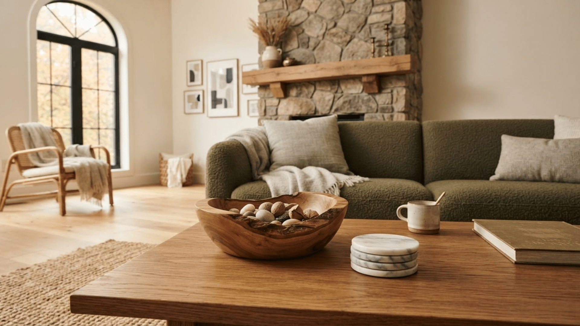 coffee table decorated with a wood bowl and marble coaster pairing