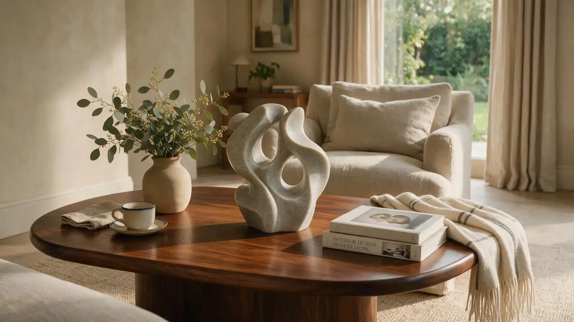 coffee table decorated with an abstract stone sculpture as art