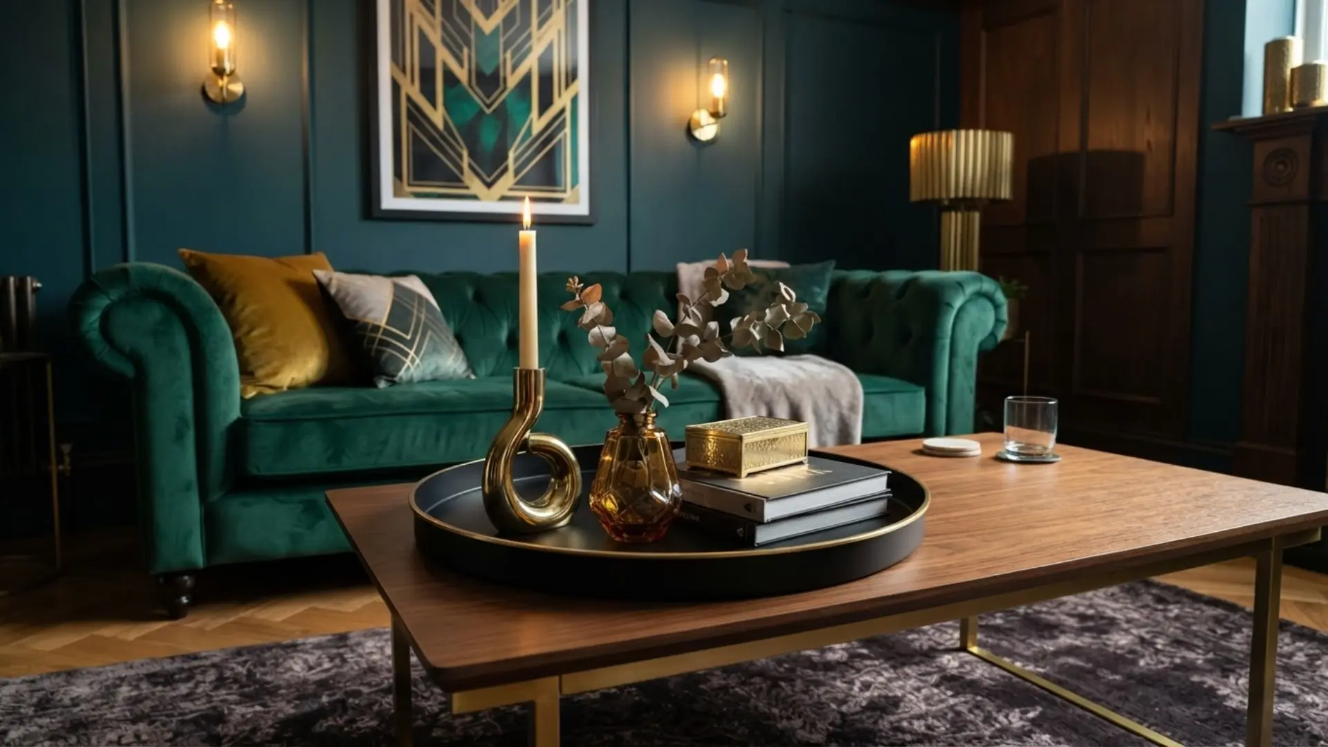 coffee table decorated with mixed brass and matte black metal accents