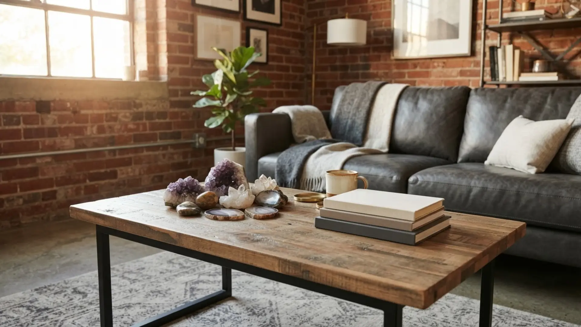 coffee table decorated with natural geode and mineral stone accents