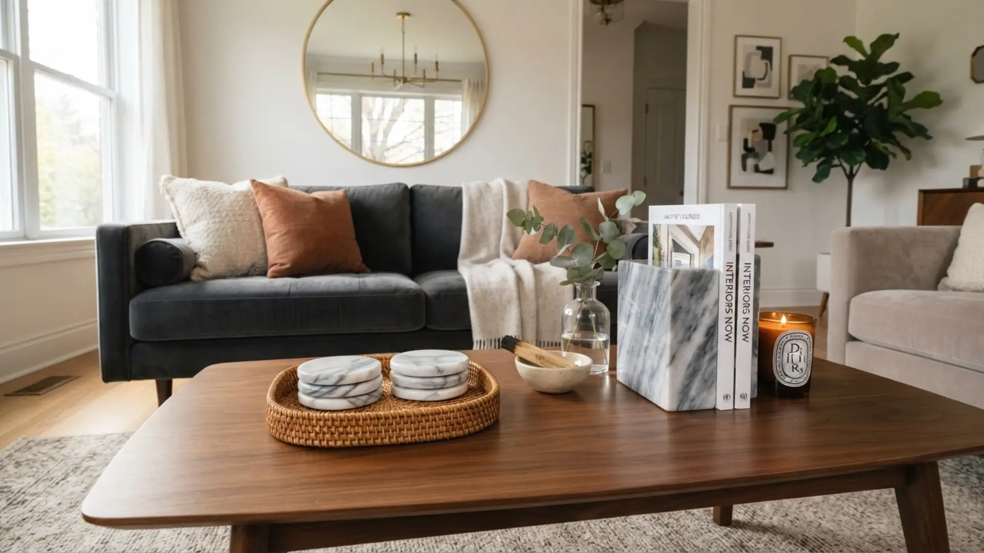 coffee table decorated with small veined marble accent pieces