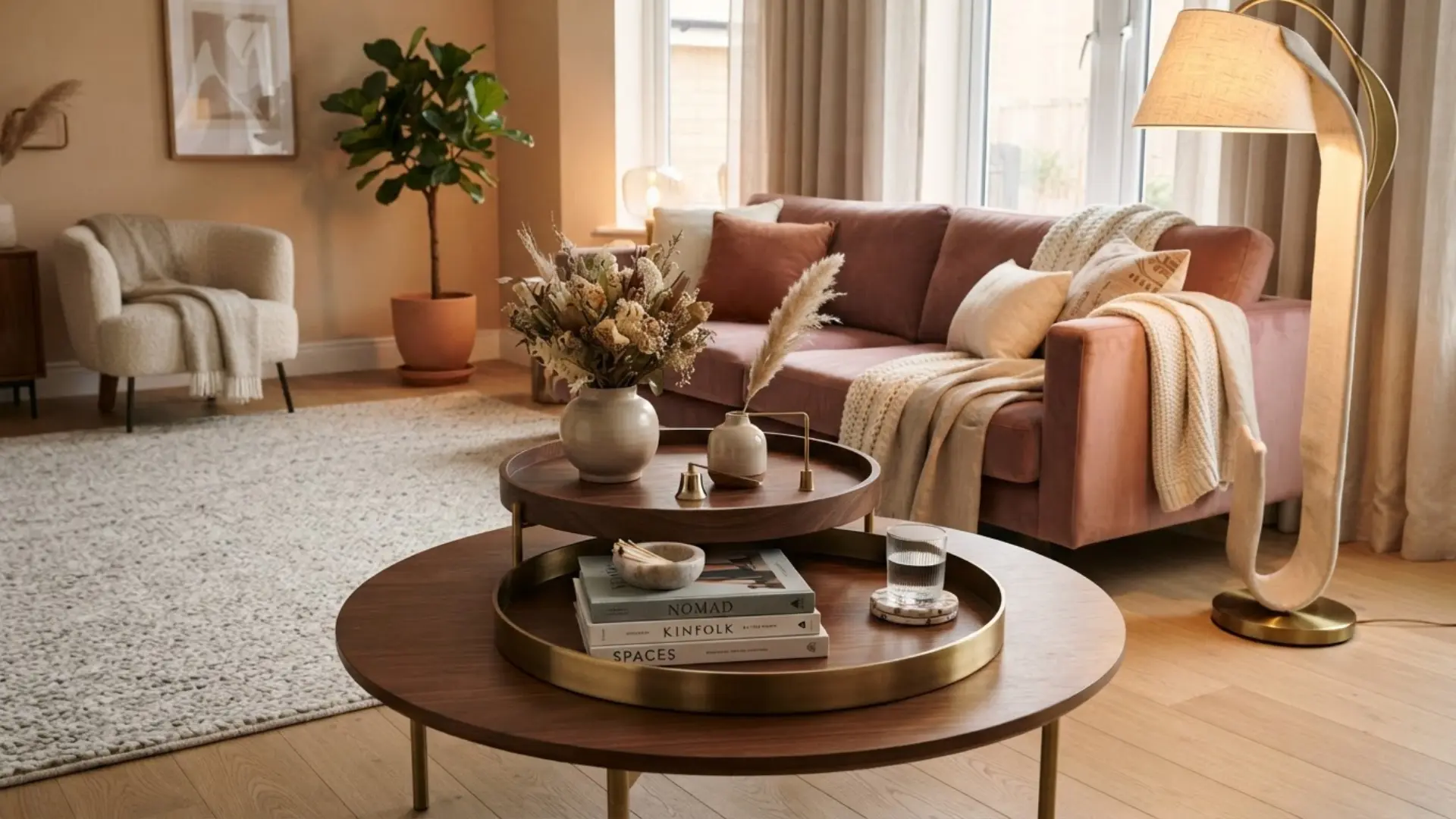 coffee table decorated with two layered trays for added height