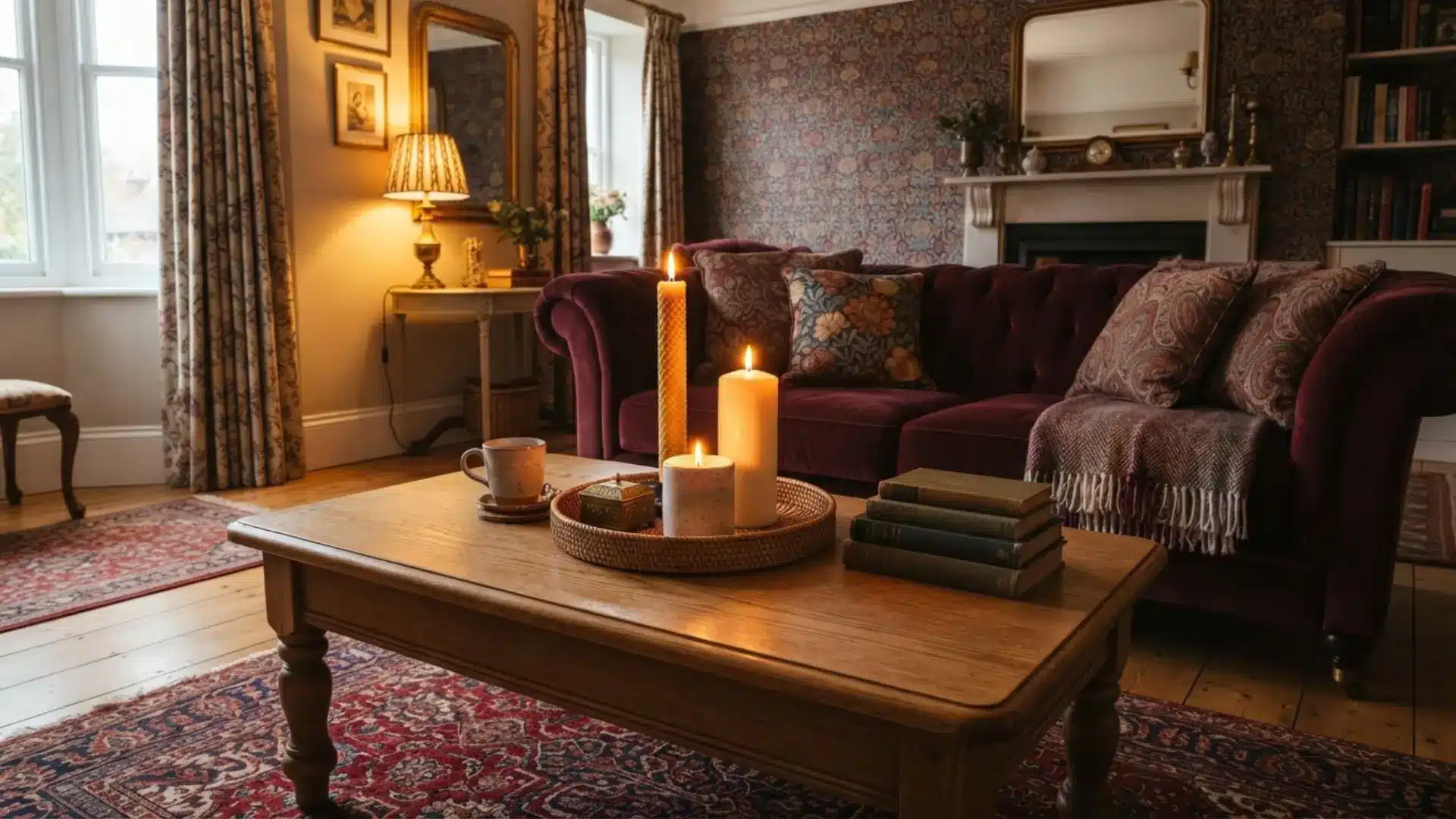 coffee table styled with a candle trio arrangement of varying heights