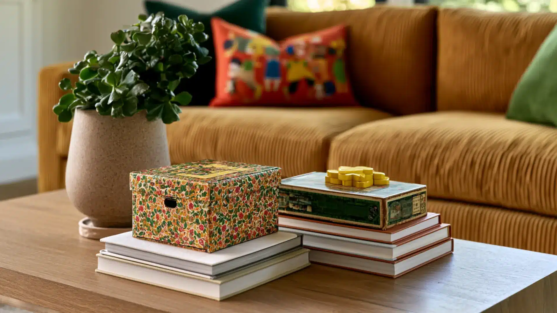 coffee table styled with a decorative puzzle and board game display