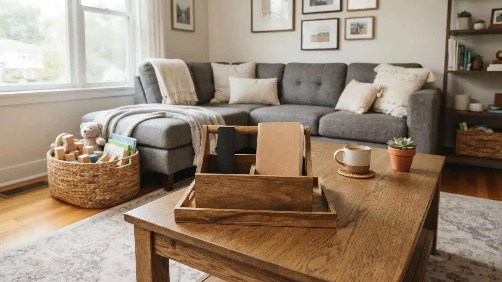 coffee table styled with a functional remote and clutter organizer caddy