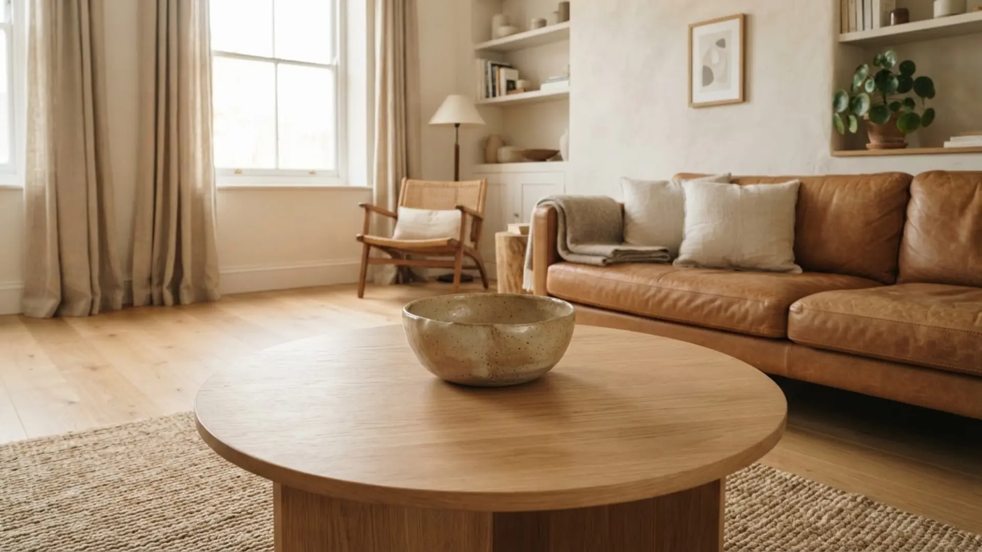 coffee table styled with a handmade matte ceramic bowl accent