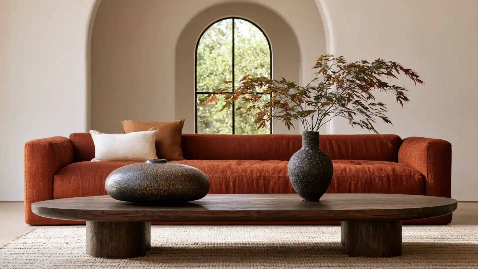coffee table styled with a handmade pottery sculpture piece