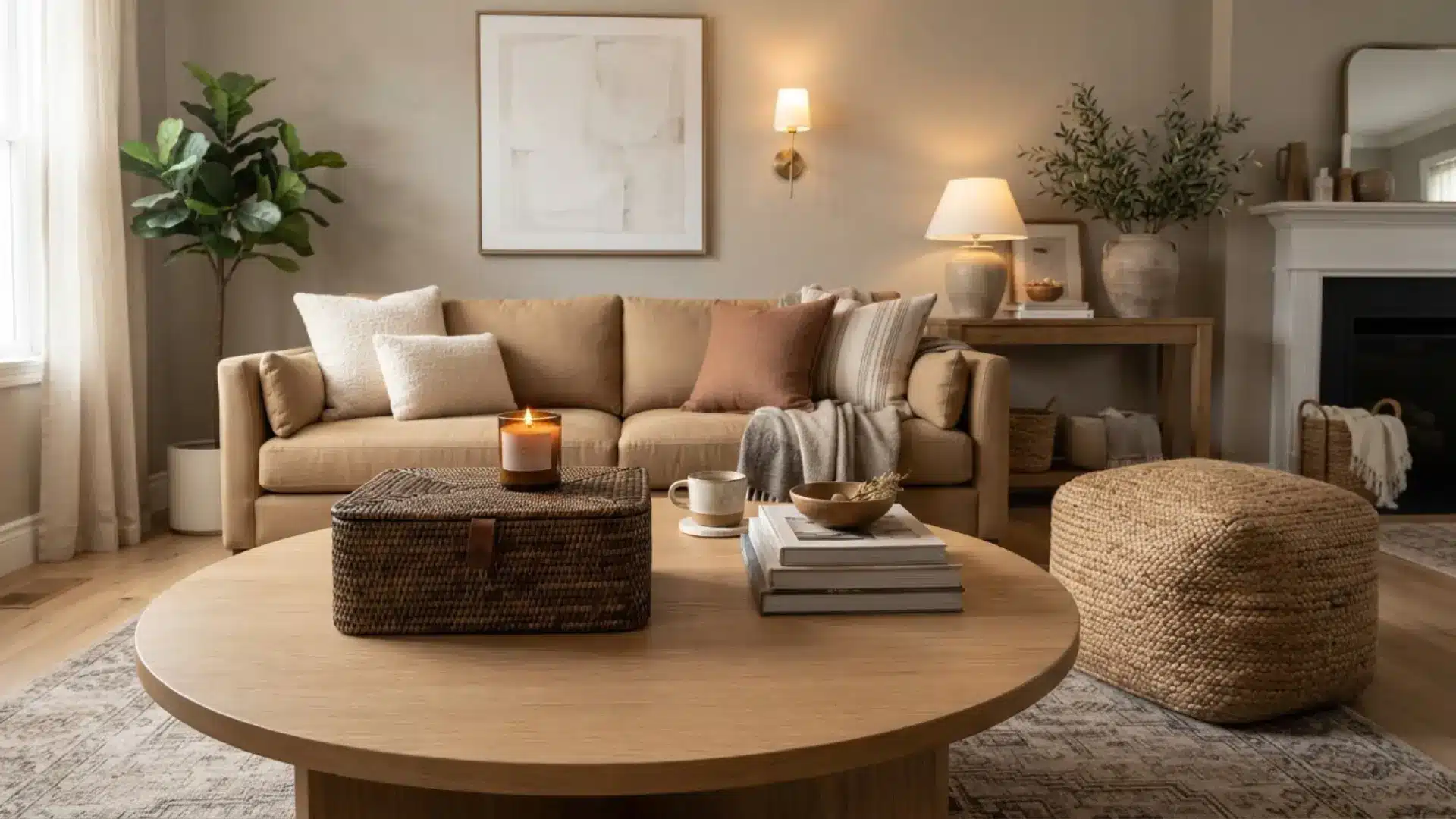 coffee table styled with a lidded decorative storage box