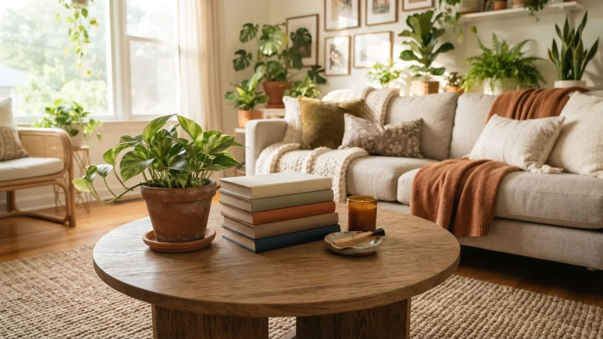 coffee table styled with a small potted plant in a terracotta pot.