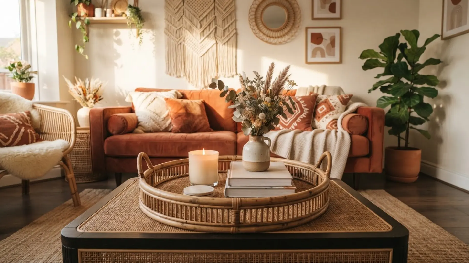 coffee table styled with a woven rattan tray as the decor base