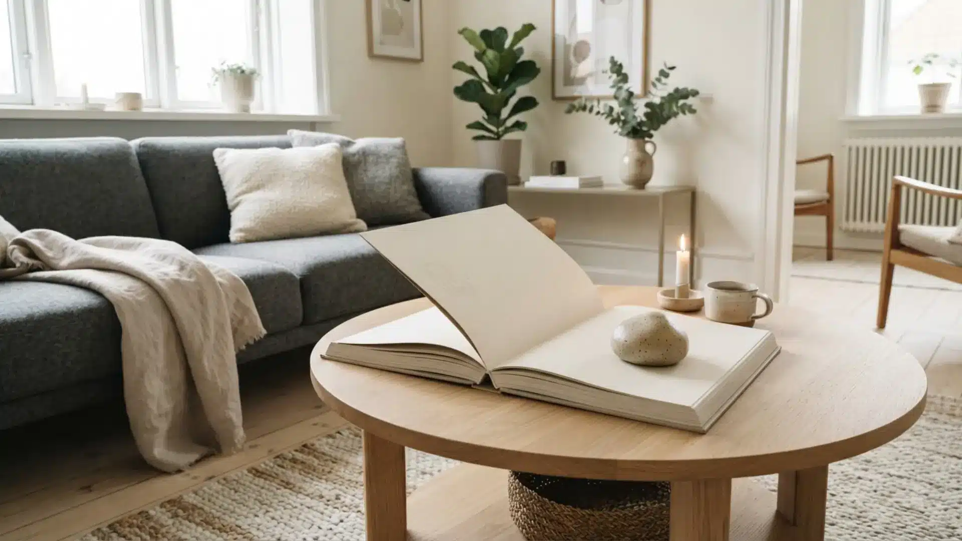 coffee table styled with an open book display and a small accent object