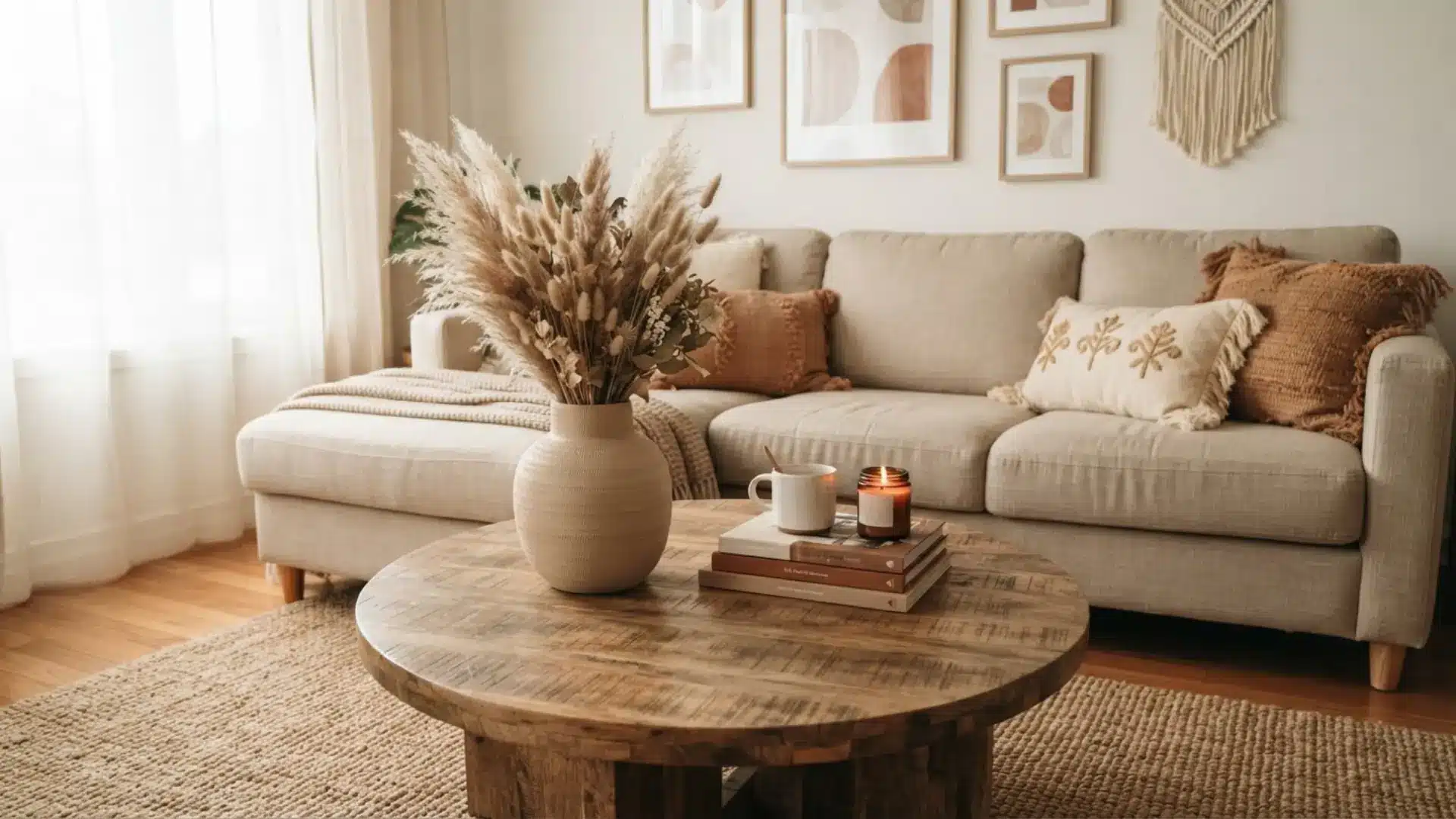 coffee table styled with dried pampas grass in a textured vase.