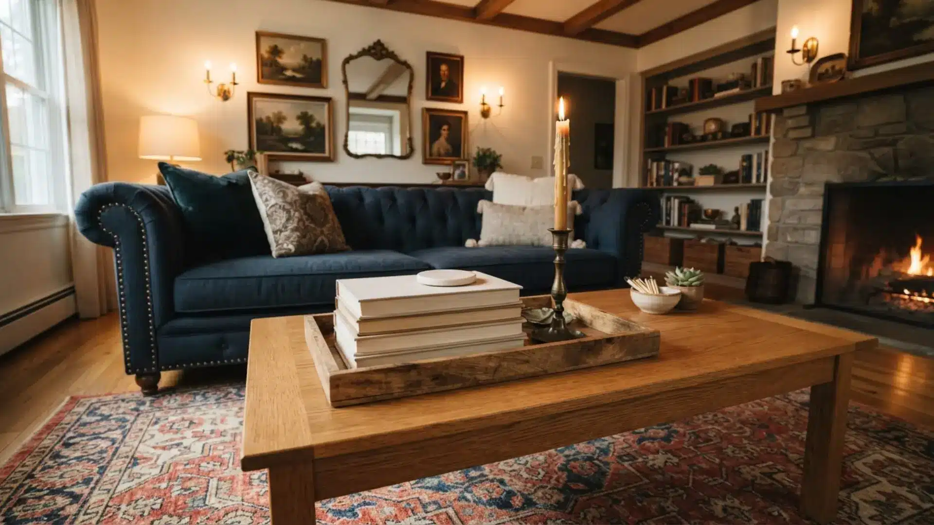 coffee table styled with the classic tray, book stack, and candle formula