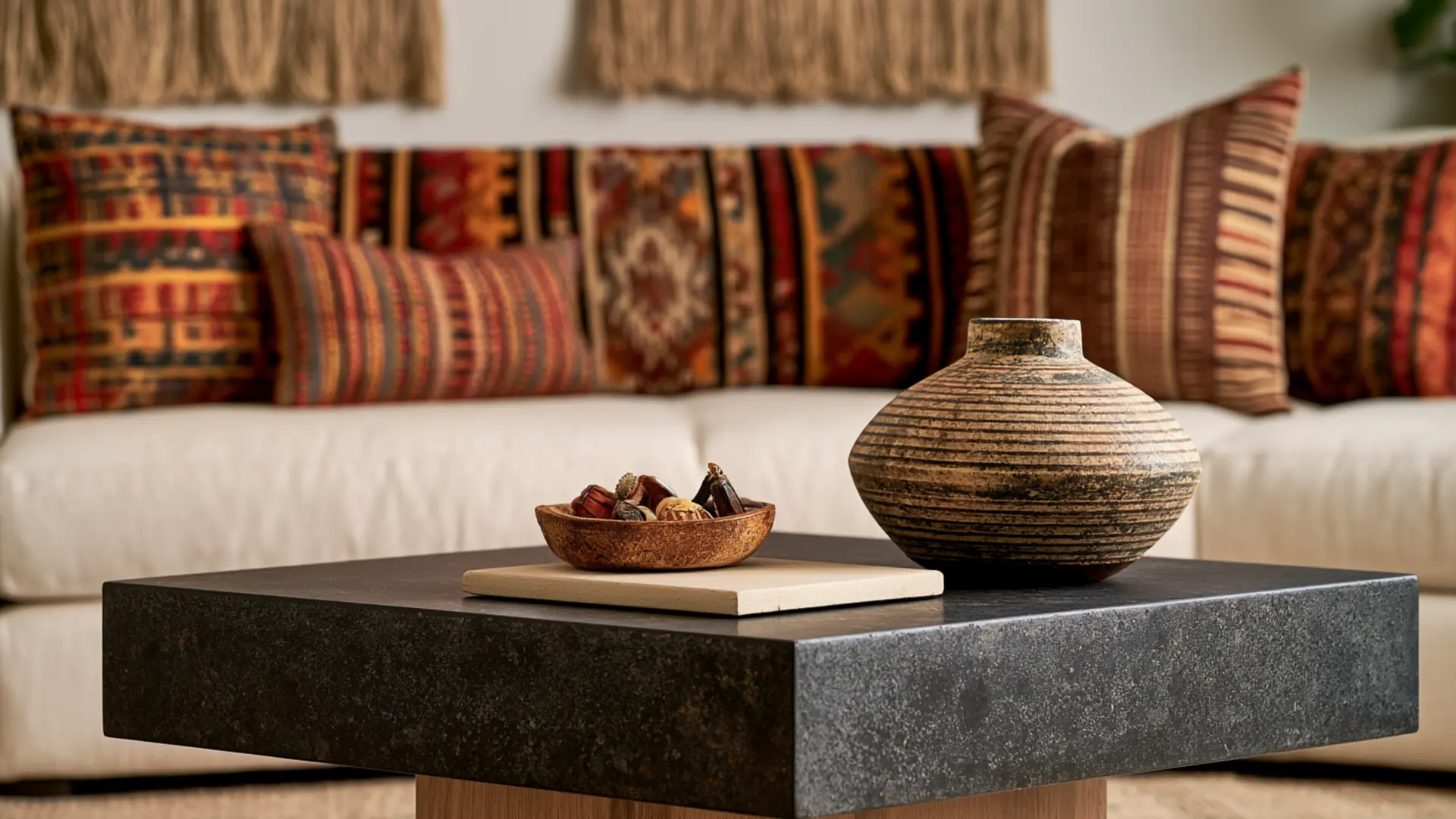 : coffee table styled with travel souvenir décor pieces