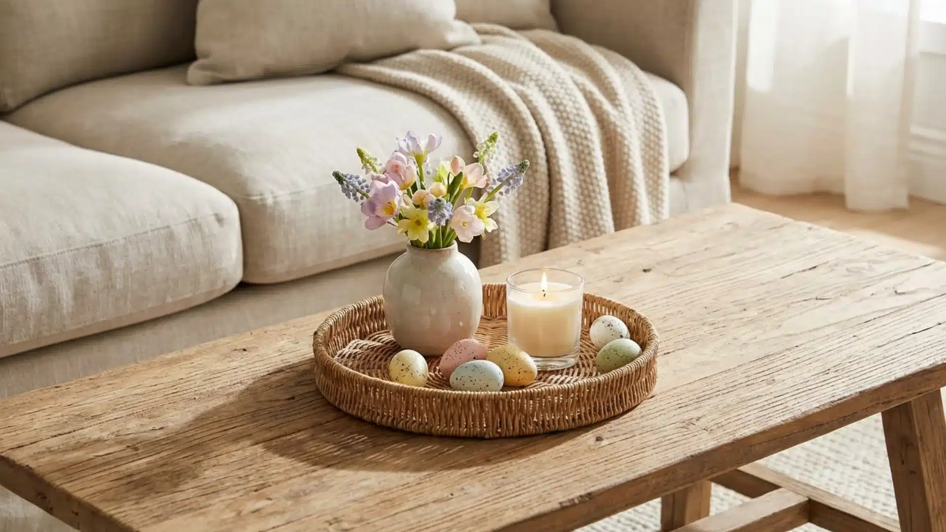 coffee table tray styled with flowers candle and decorative easter eggs
