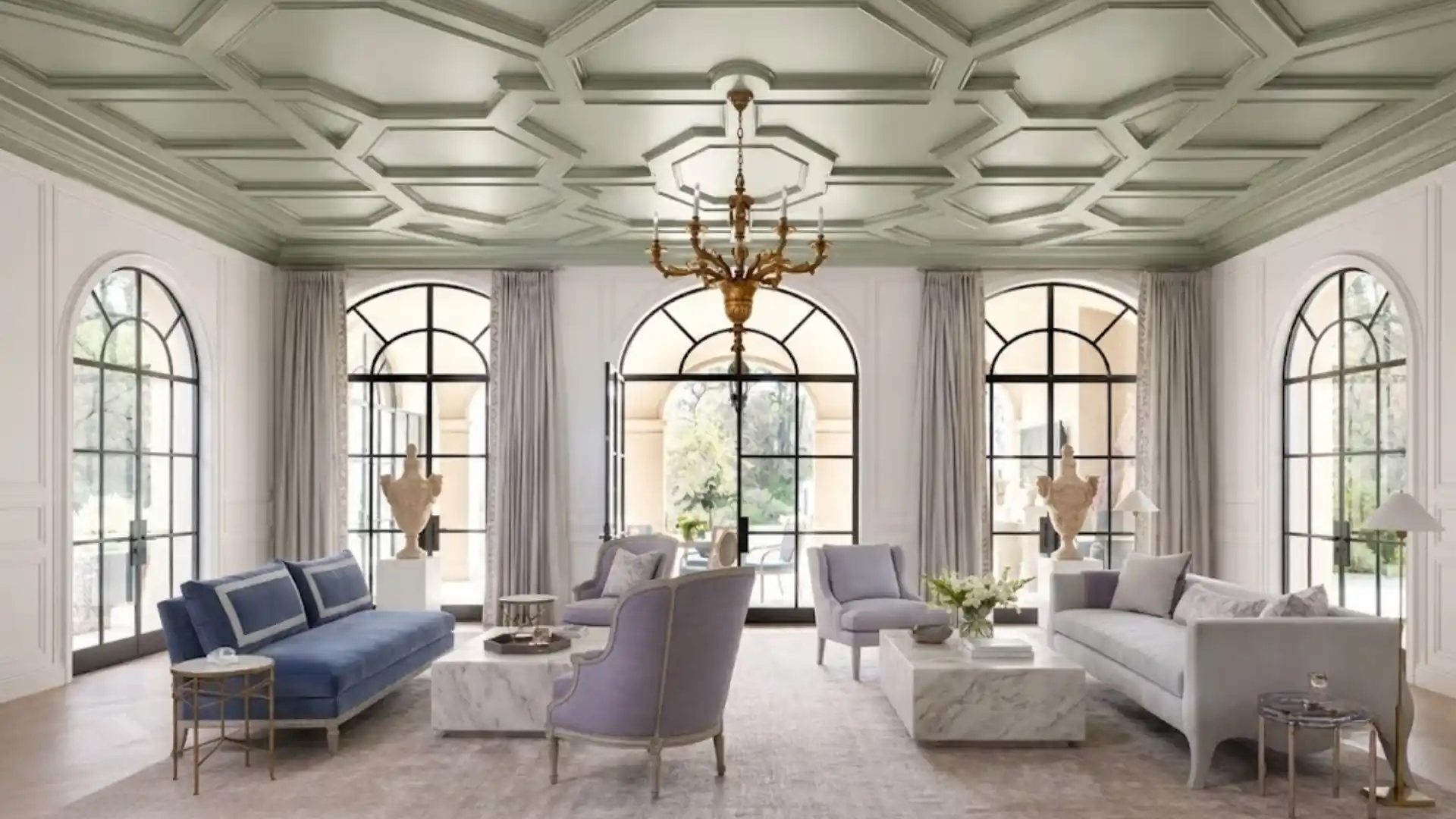 coffered ceiling designed around a central chandelier in a living room