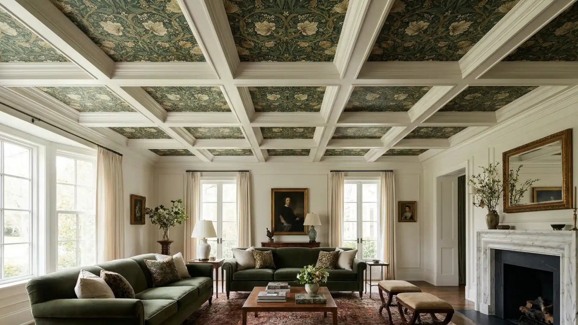 coffered ceiling featuring botanical wallpaper inserted inside recessed panels