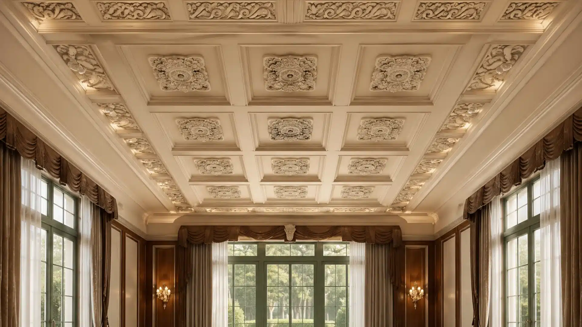 coffered ceiling featuring crown molding and dentil trim in a dining room