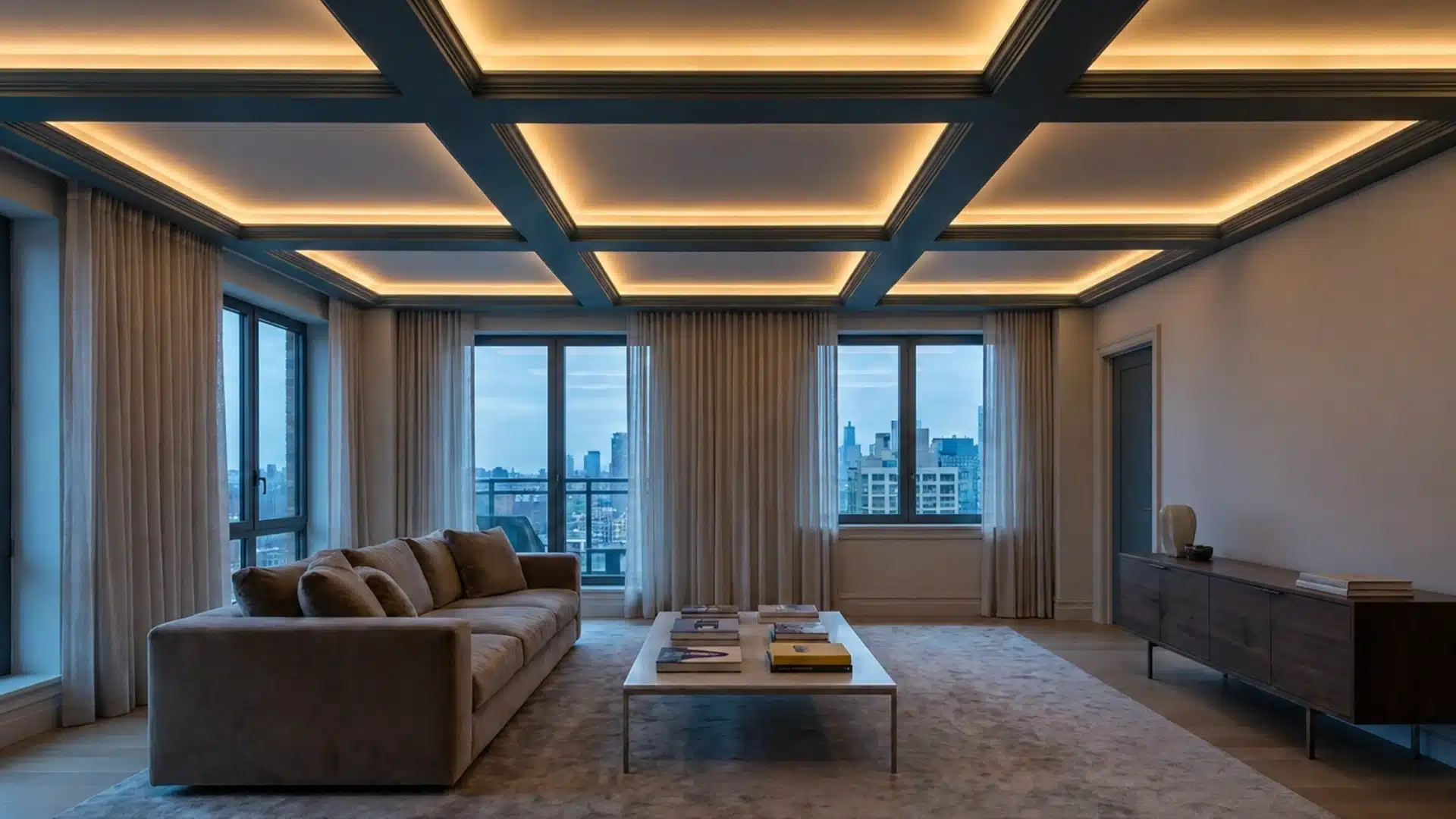 coffered ceiling featuring hidden LED strip lighting along beam edges